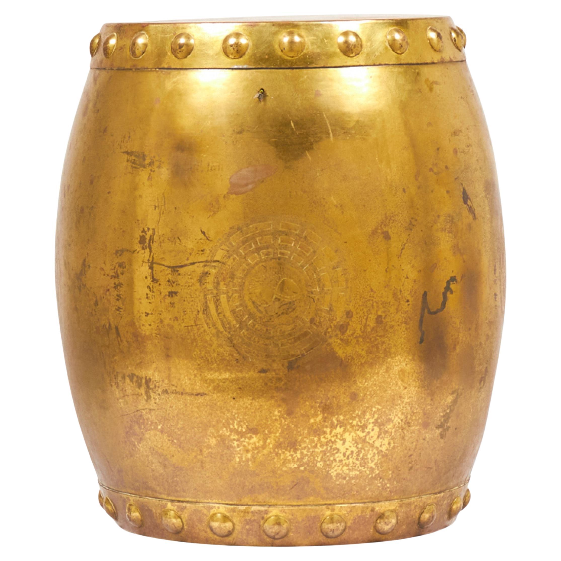 Chinese Gilt Metal Drum-Shaped Garden Stool For Sale