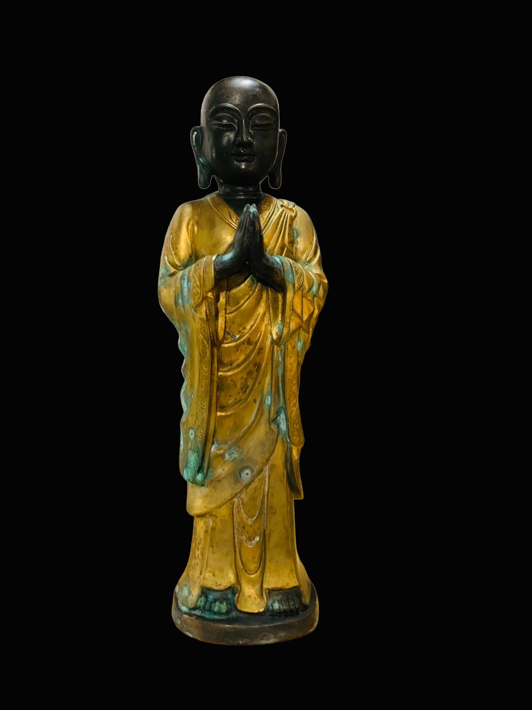 Chinese Gilt Patinated Bronze Small Sculpture of a Luohan For Sale 5