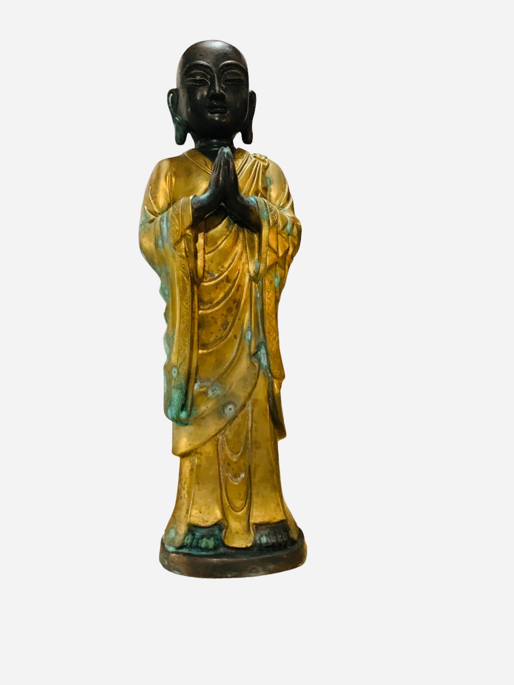 Chinese Gilt Patinated Bronze Small Sculpture of a Luohan For Sale 7