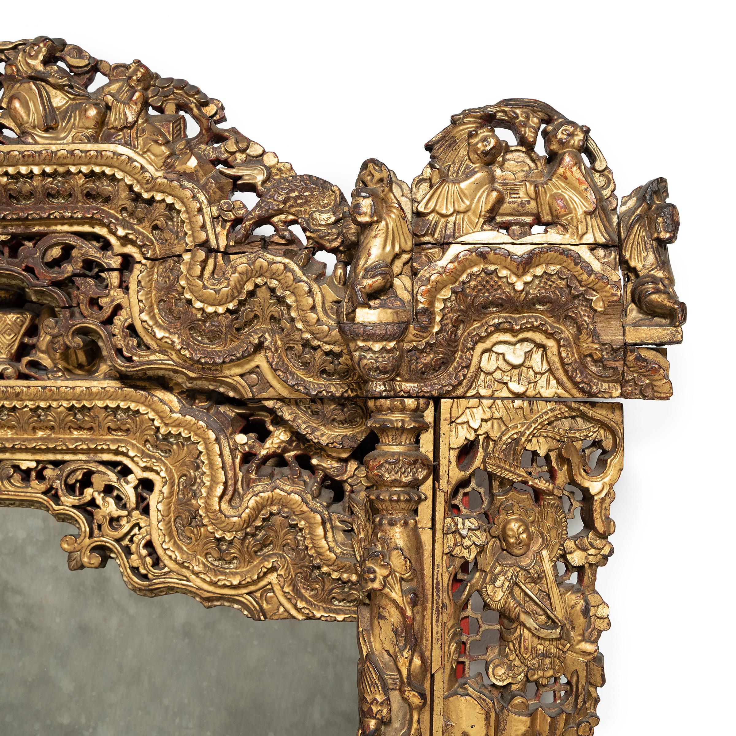 Carved Chinese Gilt Shrine Wall Mirror, c. 1850 For Sale