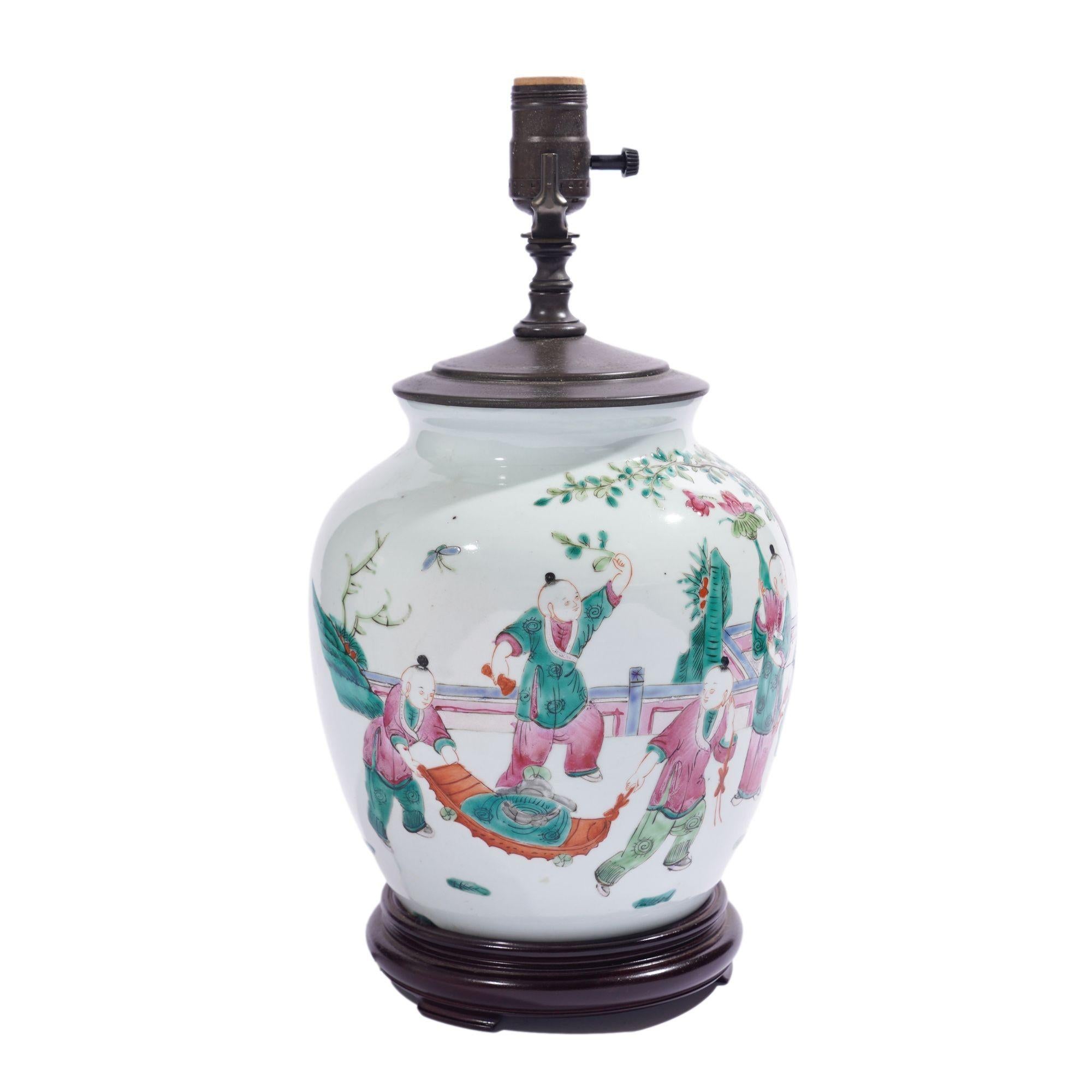 19th Century Chinese ginger jar lamp in polychrome enamels, c. 1890-1910 For Sale