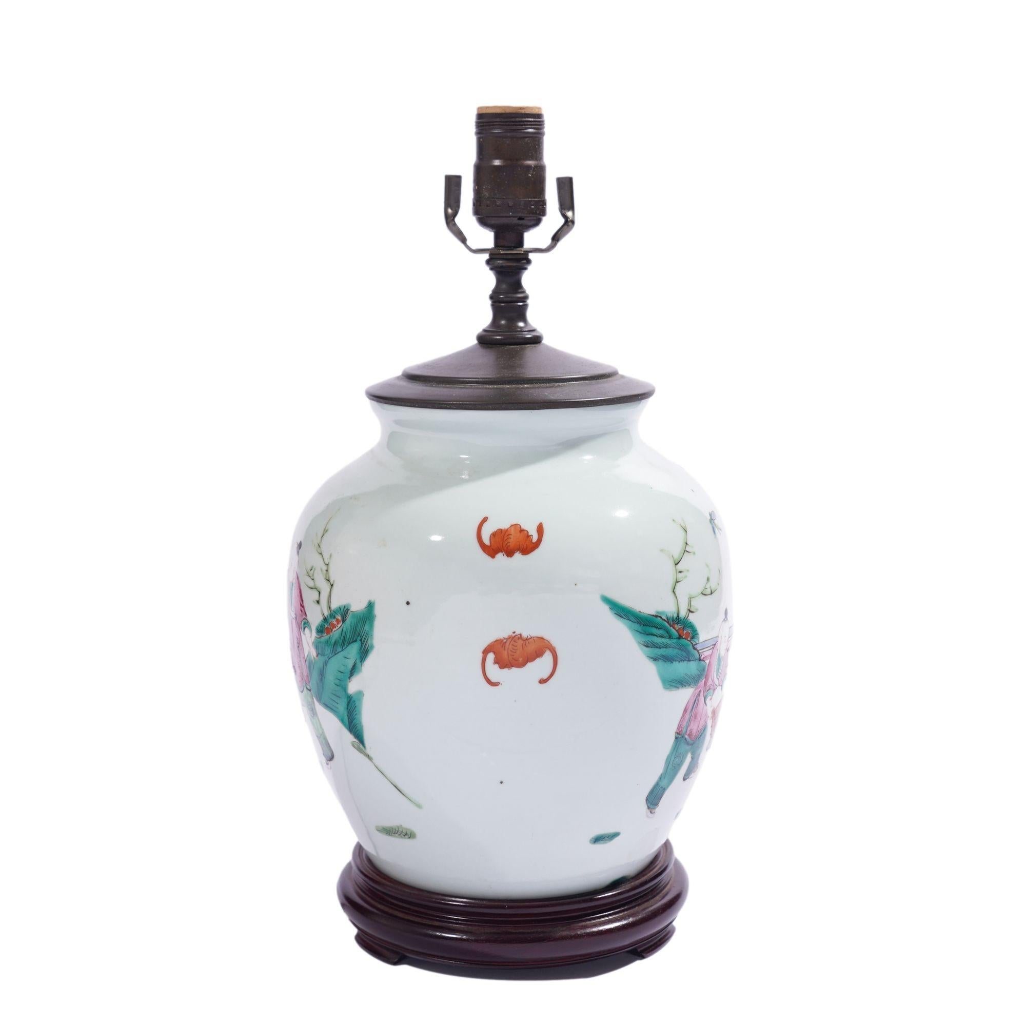 Porcelain Chinese ginger jar lamp in polychrome enamels, c. 1890-1910 For Sale