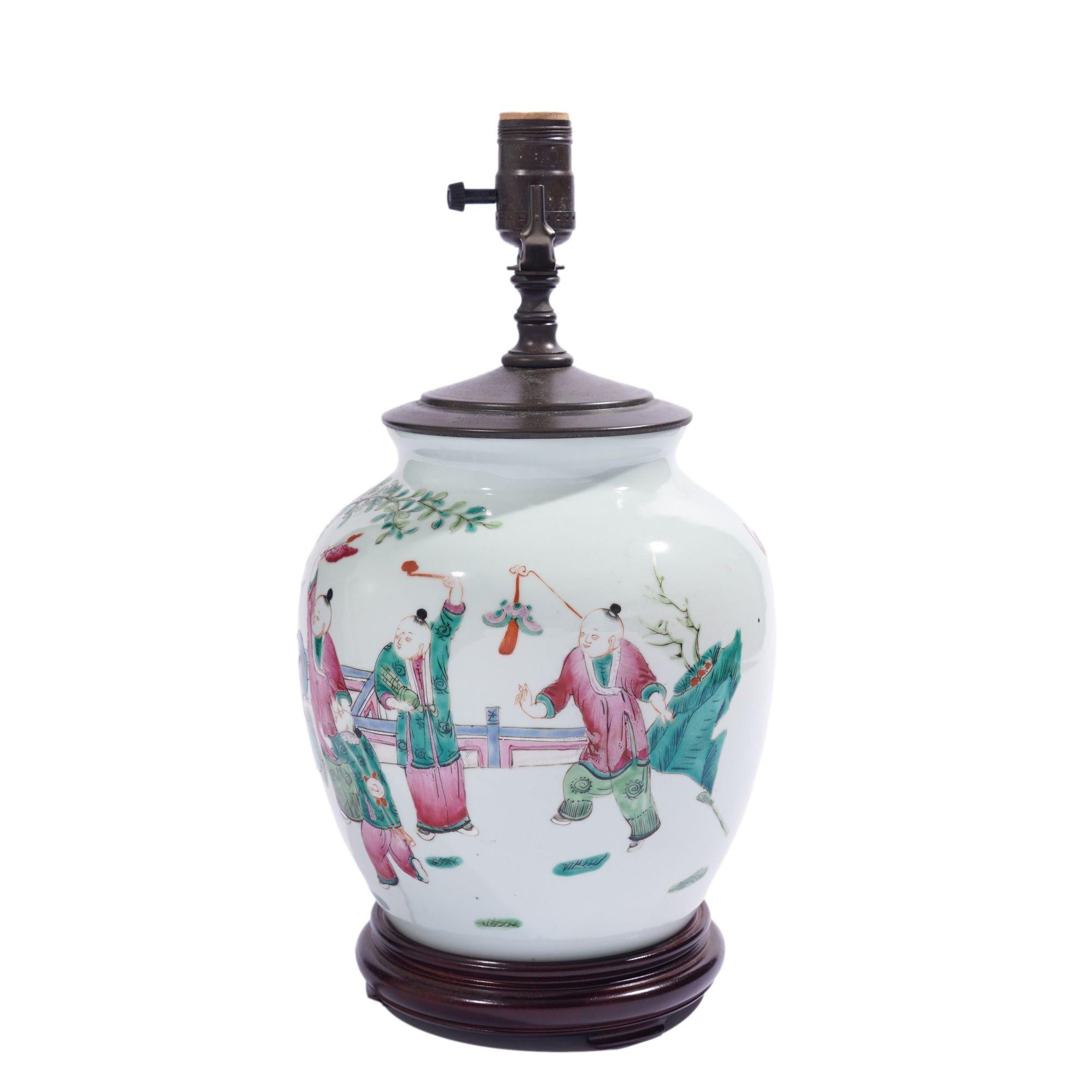 Chinese ginger jar lamp in polychrome enamels, c. 1890-1910 For Sale 1