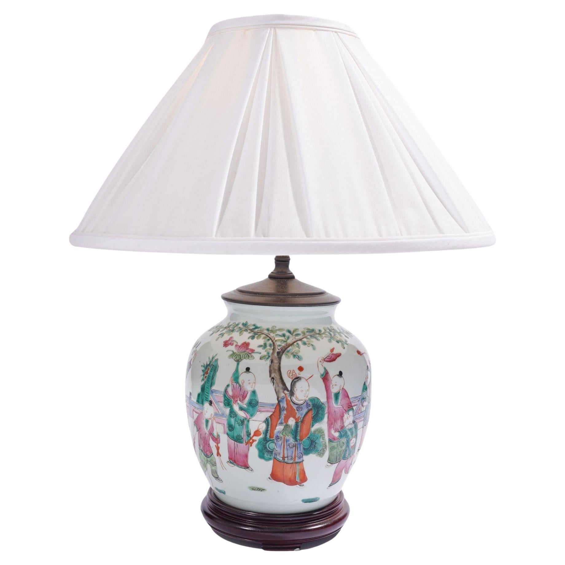Chinese ginger jar lamp in polychrome enamels, c. 1890-1910 For Sale
