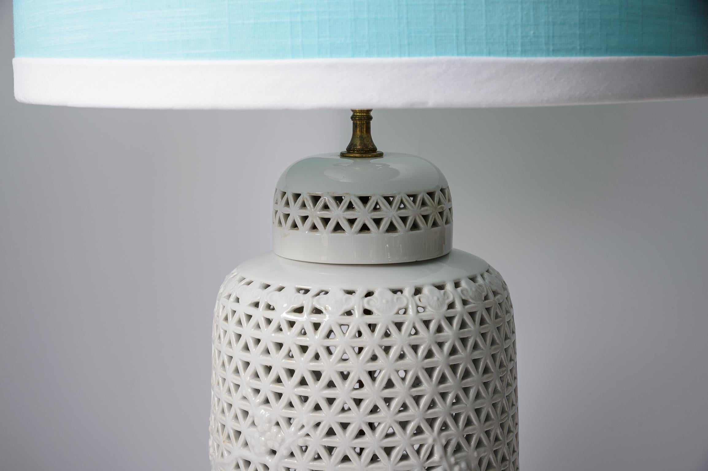 Chinese Ginger Jars  Lamps in Blanc De Chine Reticulated Porcelain, A-Pair In Good Condition In West Palm Beach, FL