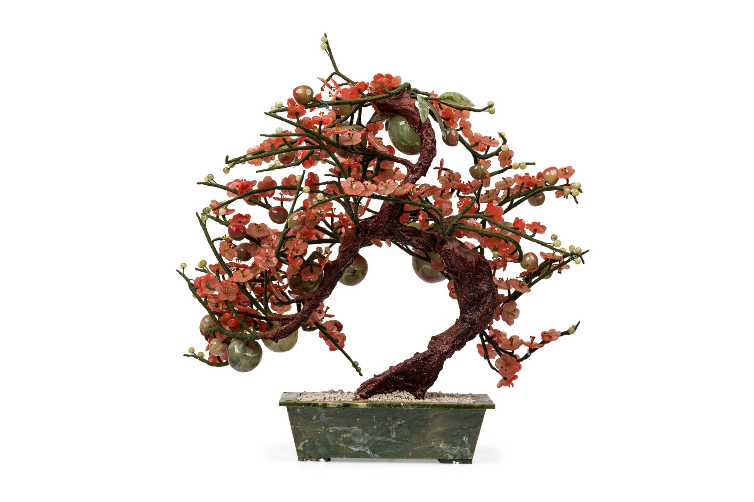 Plastic Chinese Glass Cherry Blossom Sculpture Potted in a Green Planter For Sale