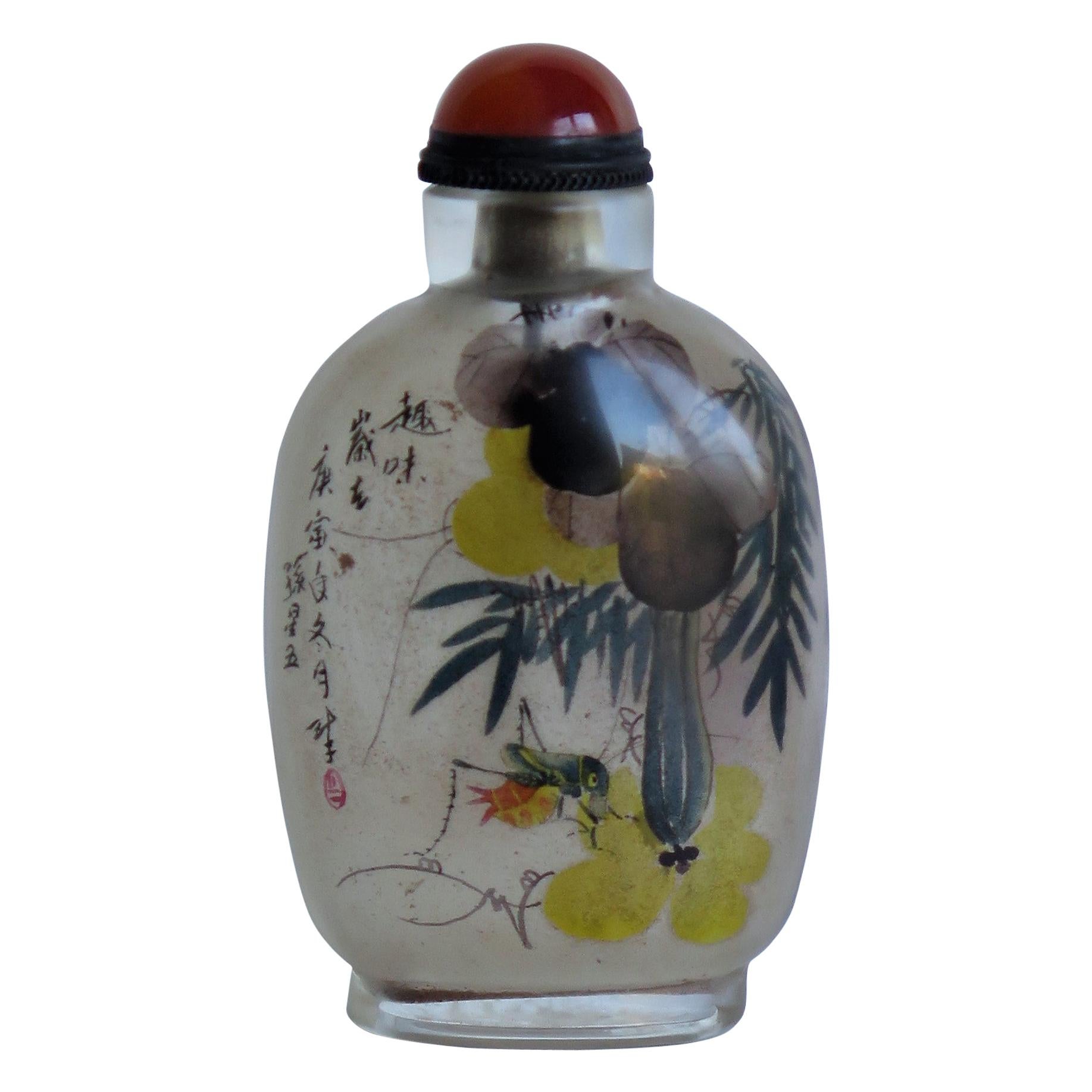 Chinese Glass Snuff Bottle Finely Inside Painted with Spoon Top, 19th C. Qing 