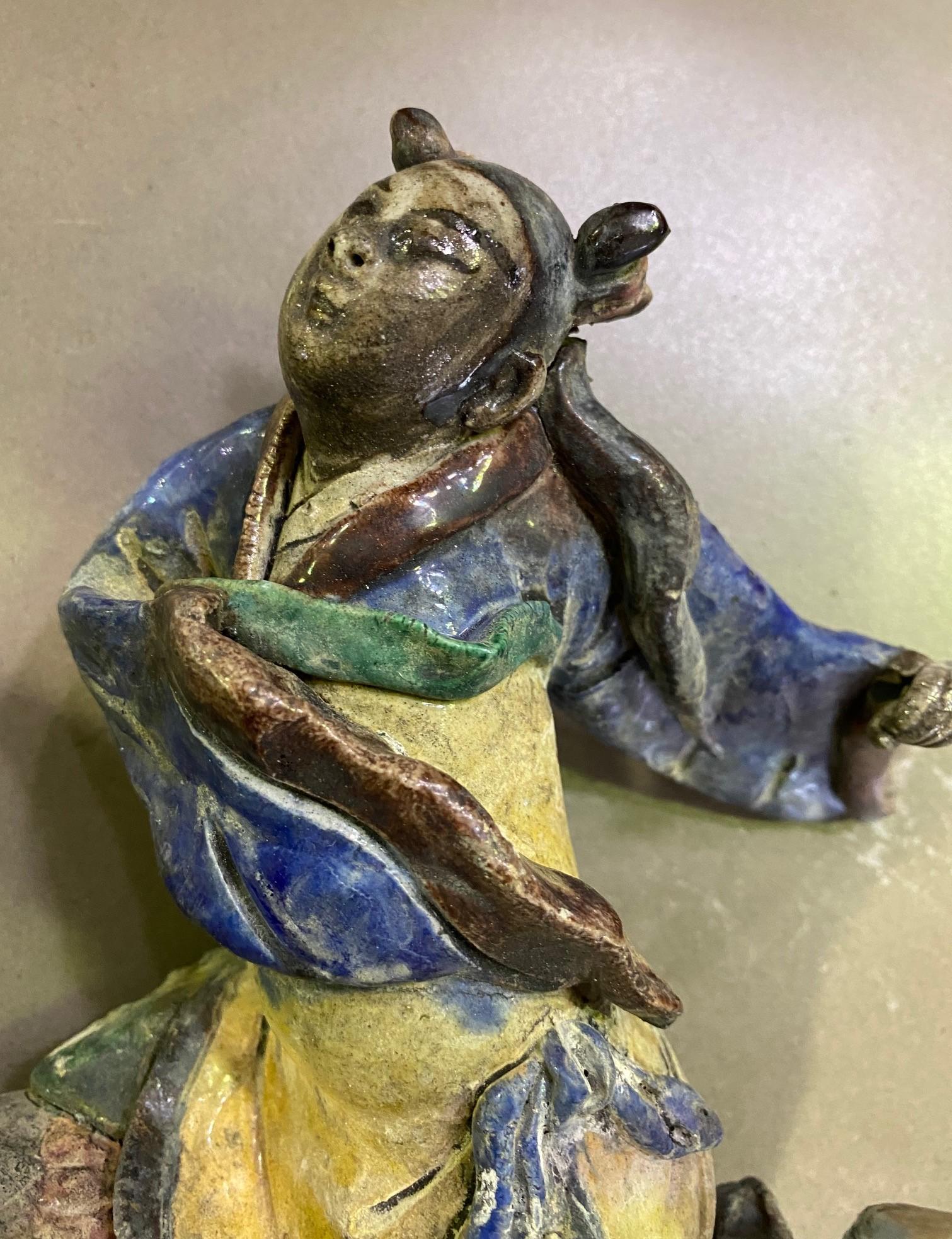 Chinese Glazed Ceramic Pottery Guardian Ancestor Roof Tile Qing Figure on Fish In Good Condition In Studio City, CA