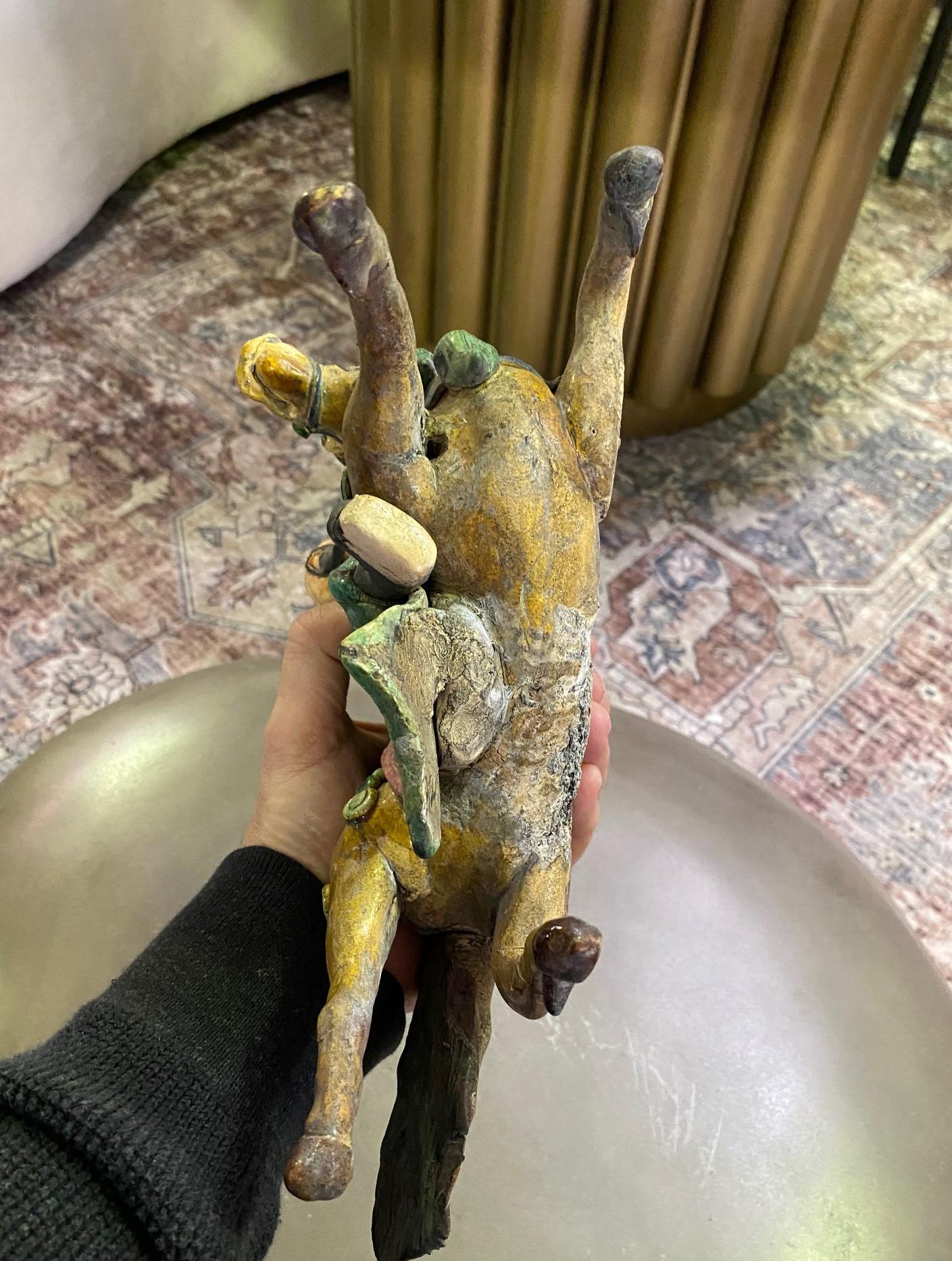 Chinese Glazed Ceramic Pottery Guardian Ancestor Roof Tile Qing Figure on Horse For Sale 9