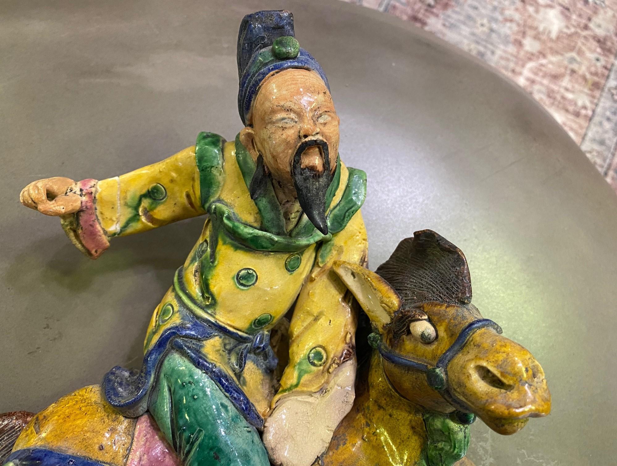 Chinese Glazed Ceramic Pottery Guardian Ancestor Roof Tile Qing Figure on Horse In Good Condition For Sale In Studio City, CA