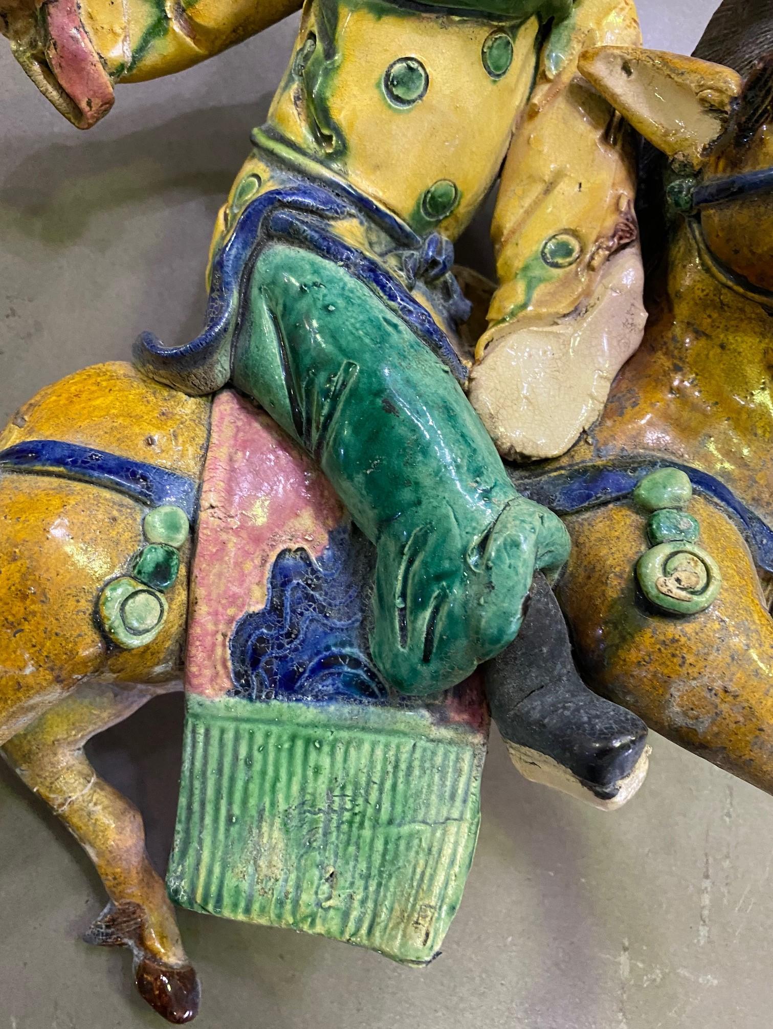 Chinese Glazed Ceramic Pottery Guardian Ancestor Roof Tile Qing Figure on Horse For Sale 2