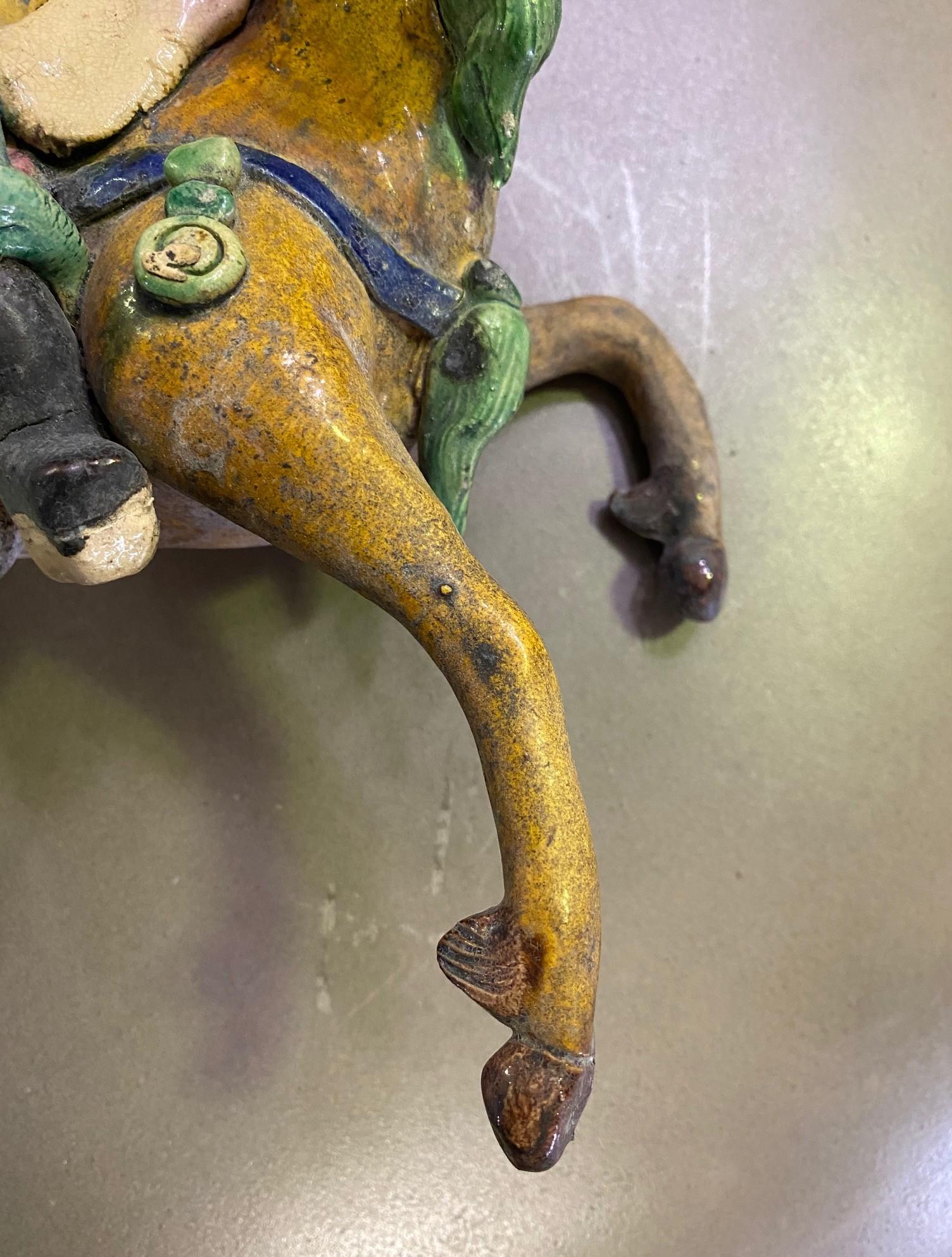 Chinese Glazed Ceramic Pottery Guardian Ancestor Roof Tile Qing Figure on Horse For Sale 4