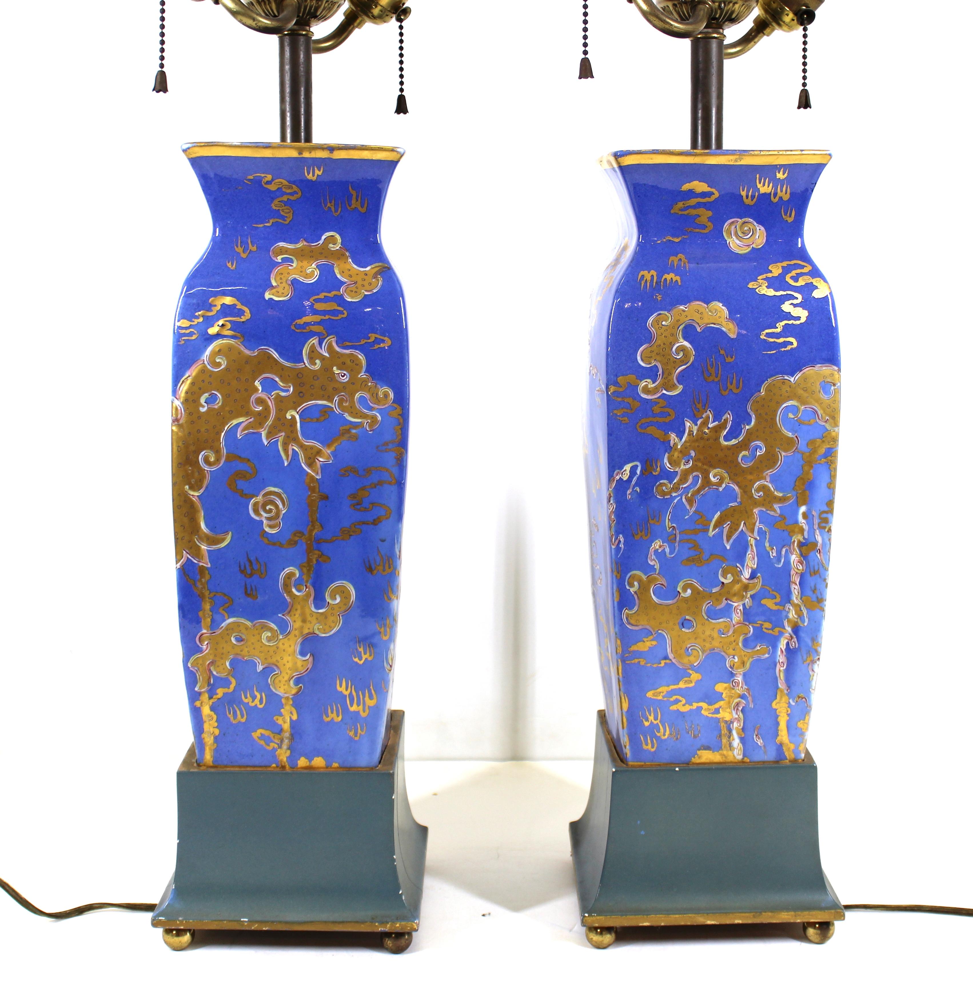 Chinese Export Chinese Glazed Porcelain Vase Table Lamps with Golden Dragons