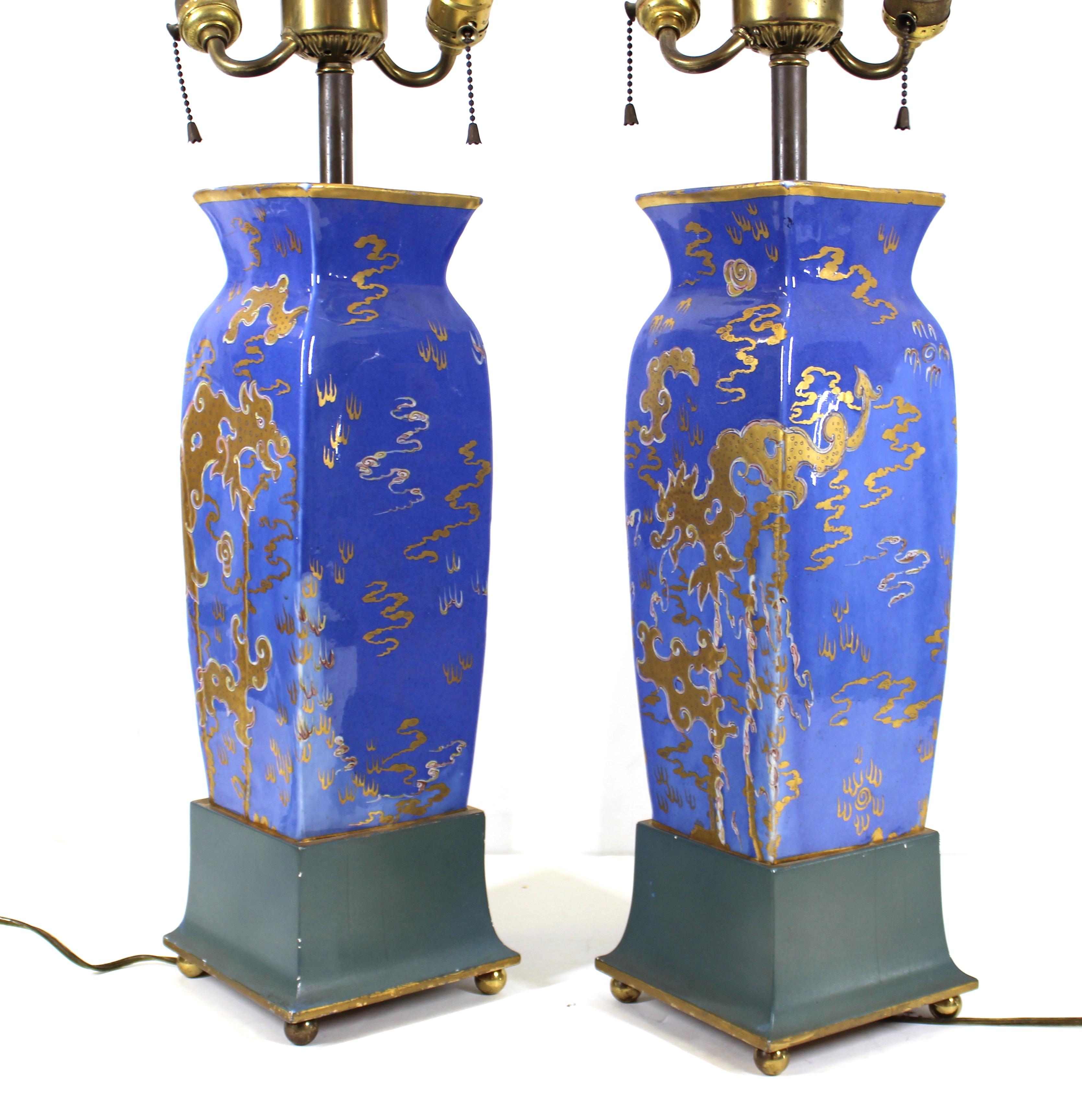 Chinese Glazed Porcelain Vase Table Lamps with Golden Dragons In Good Condition In New York, NY