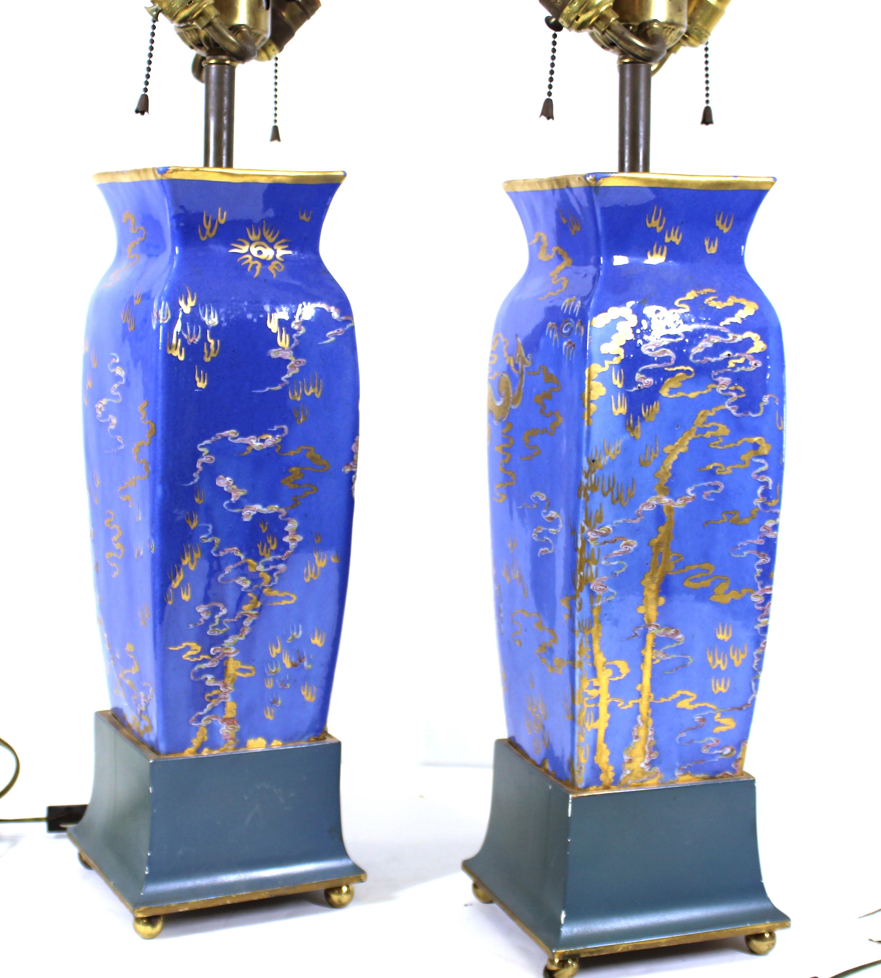 Mid-20th Century Chinese Glazed Porcelain Vase Table Lamps with Golden Dragons