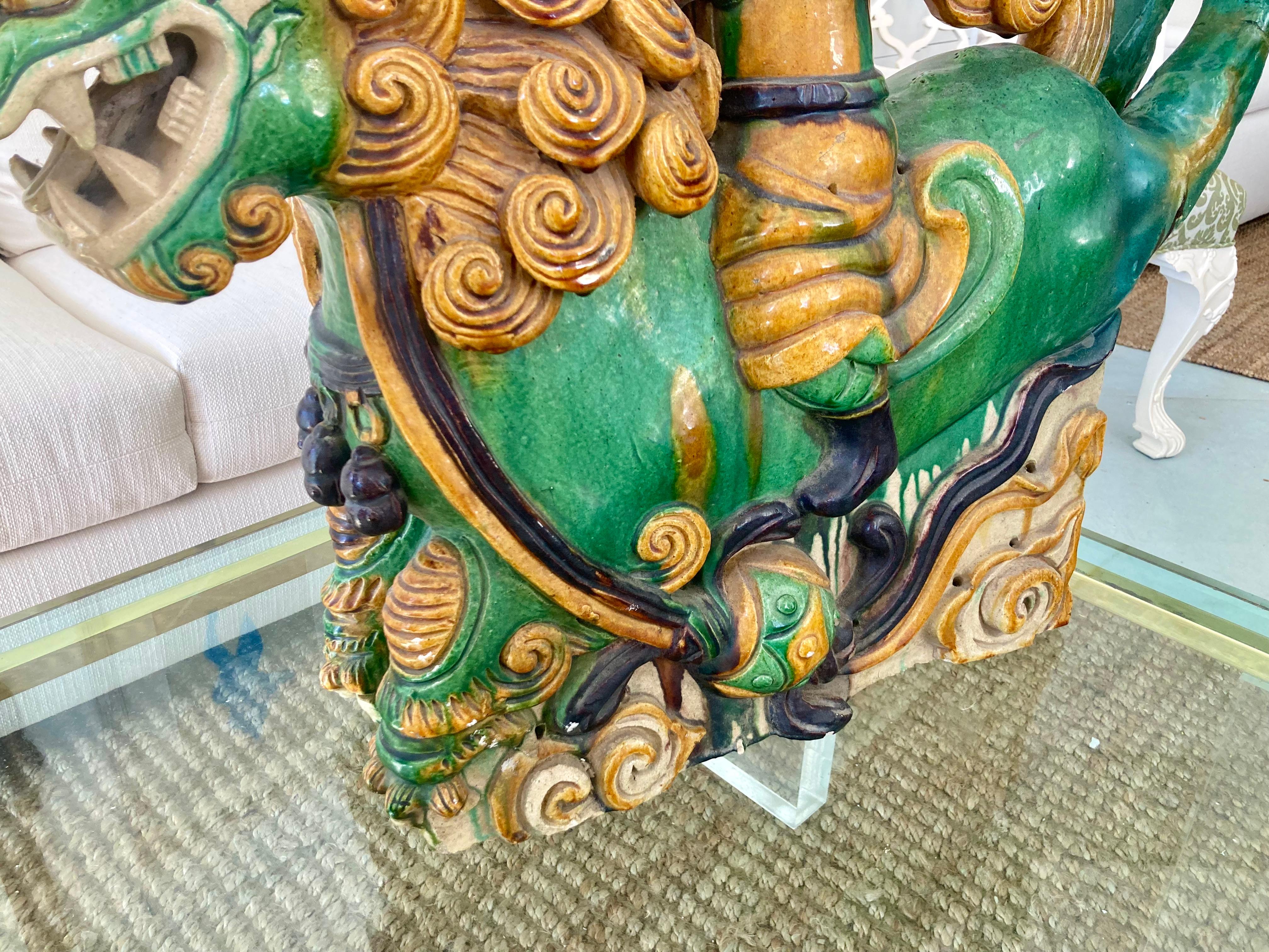 Chinese Glazed Terra Cotta Foo Dog Roof Tiles, a Pair For Sale 5