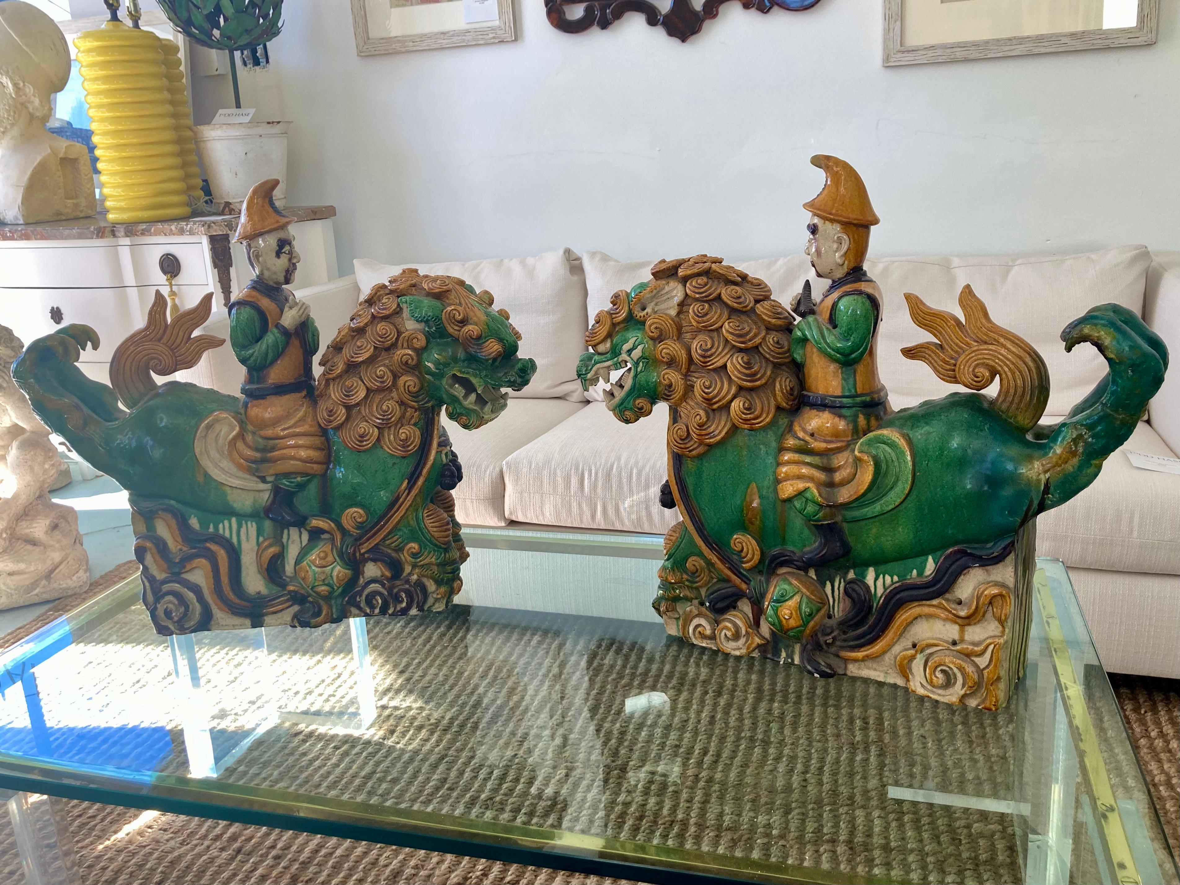 Other Chinese Glazed Terra Cotta Foo Dog Roof Tiles, a Pair For Sale