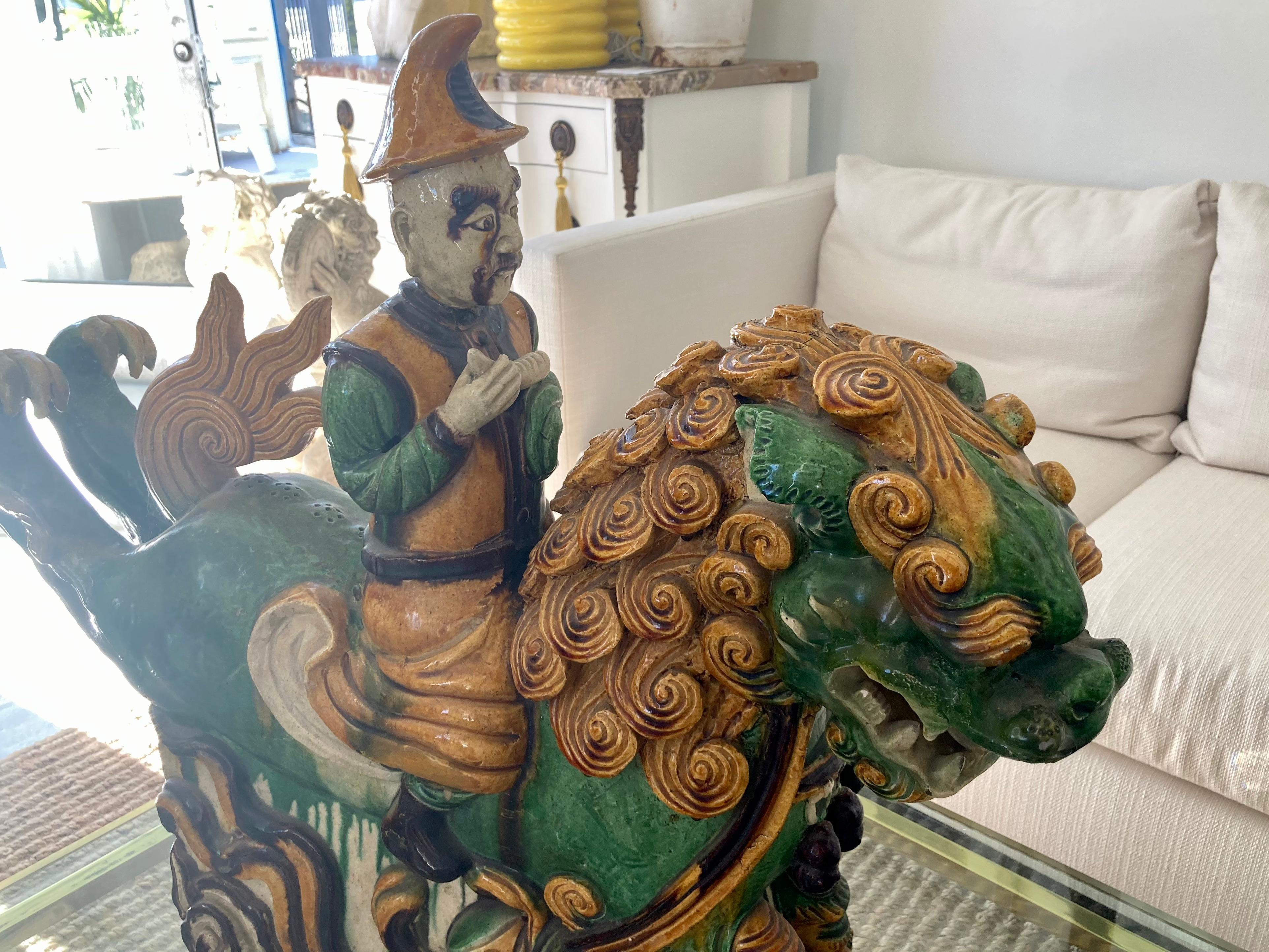 19th Century Chinese Glazed Terra Cotta Foo Dog Roof Tiles, a Pair For Sale