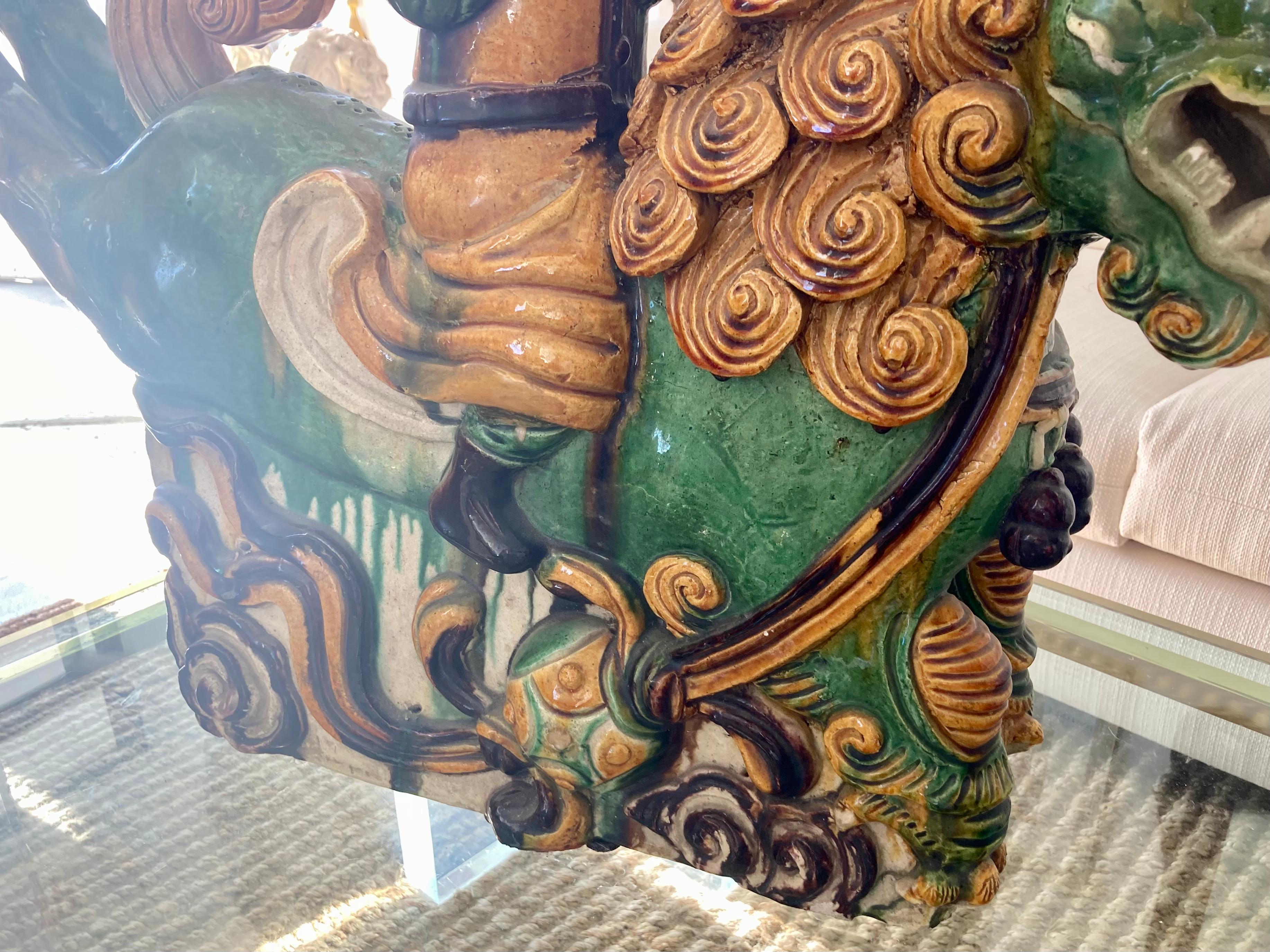 Terracotta Chinese Glazed Terra Cotta Foo Dog Roof Tiles, a Pair For Sale