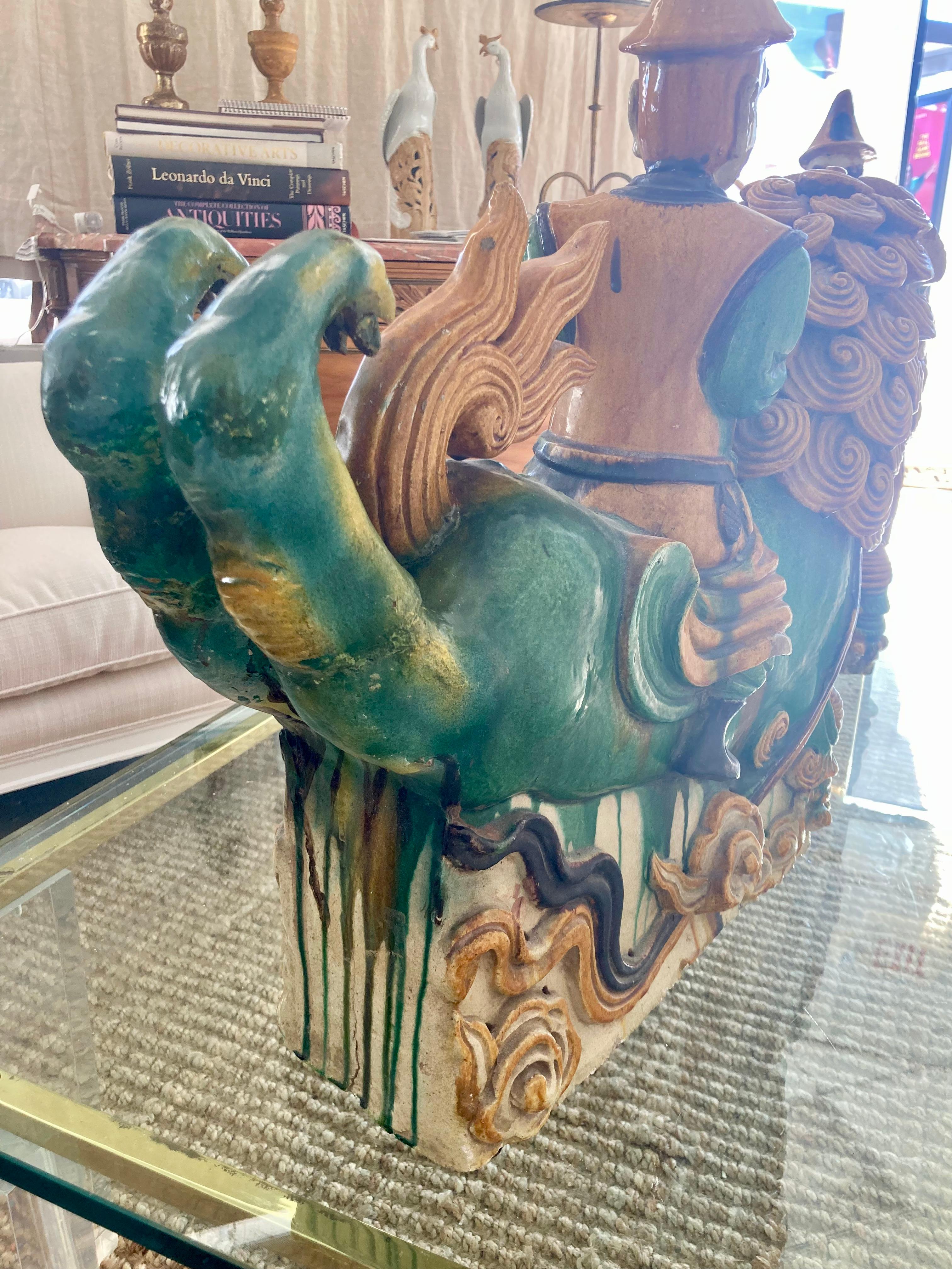 Chinese Glazed Terra Cotta Foo Dog Roof Tiles, a Pair For Sale 1