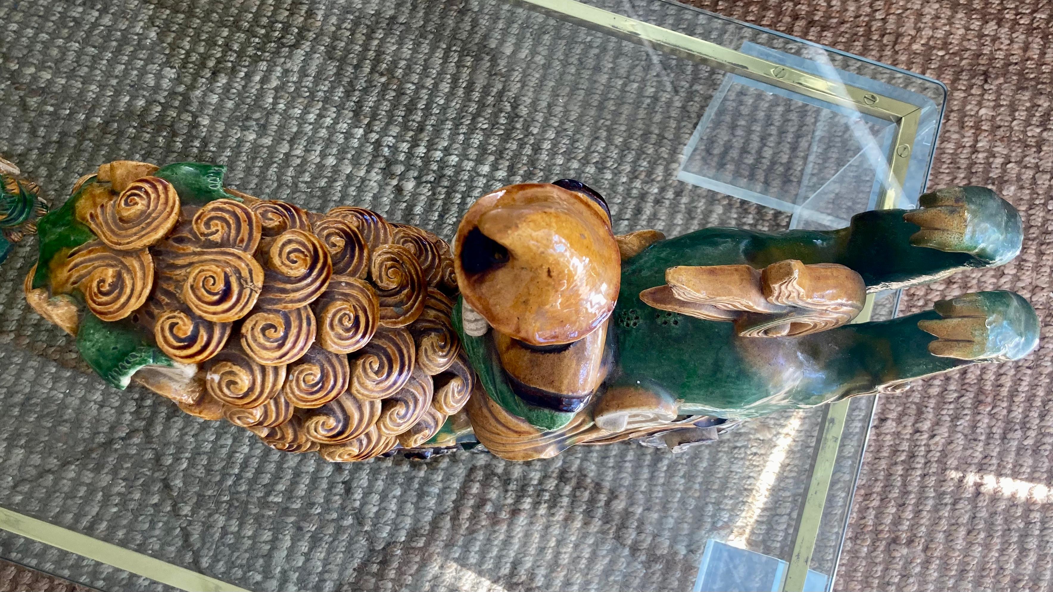 Chinese Glazed Terra Cotta Foo Dog Roof Tiles, a Pair For Sale 3