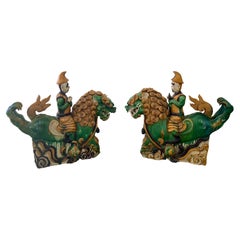 Used Chinese Glazed Terra Cotta Foo Dog Roof Tiles, a Pair