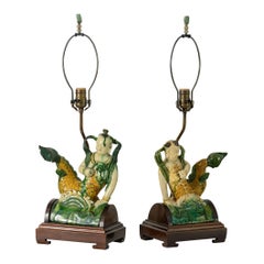 Chinese Glazed Terra Cotta Mermaid Roof Tiles, A Pair