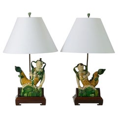 Chinese Glazed Terra Cotta Mermaid Roof Tiles, A Pair