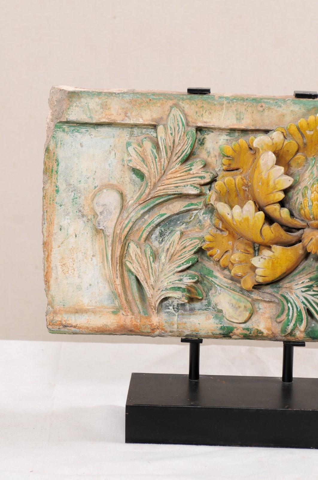 19th Century Chinese Glazed Terracotta Temple Fragment '19th C or Older' on Custom Iron Stand