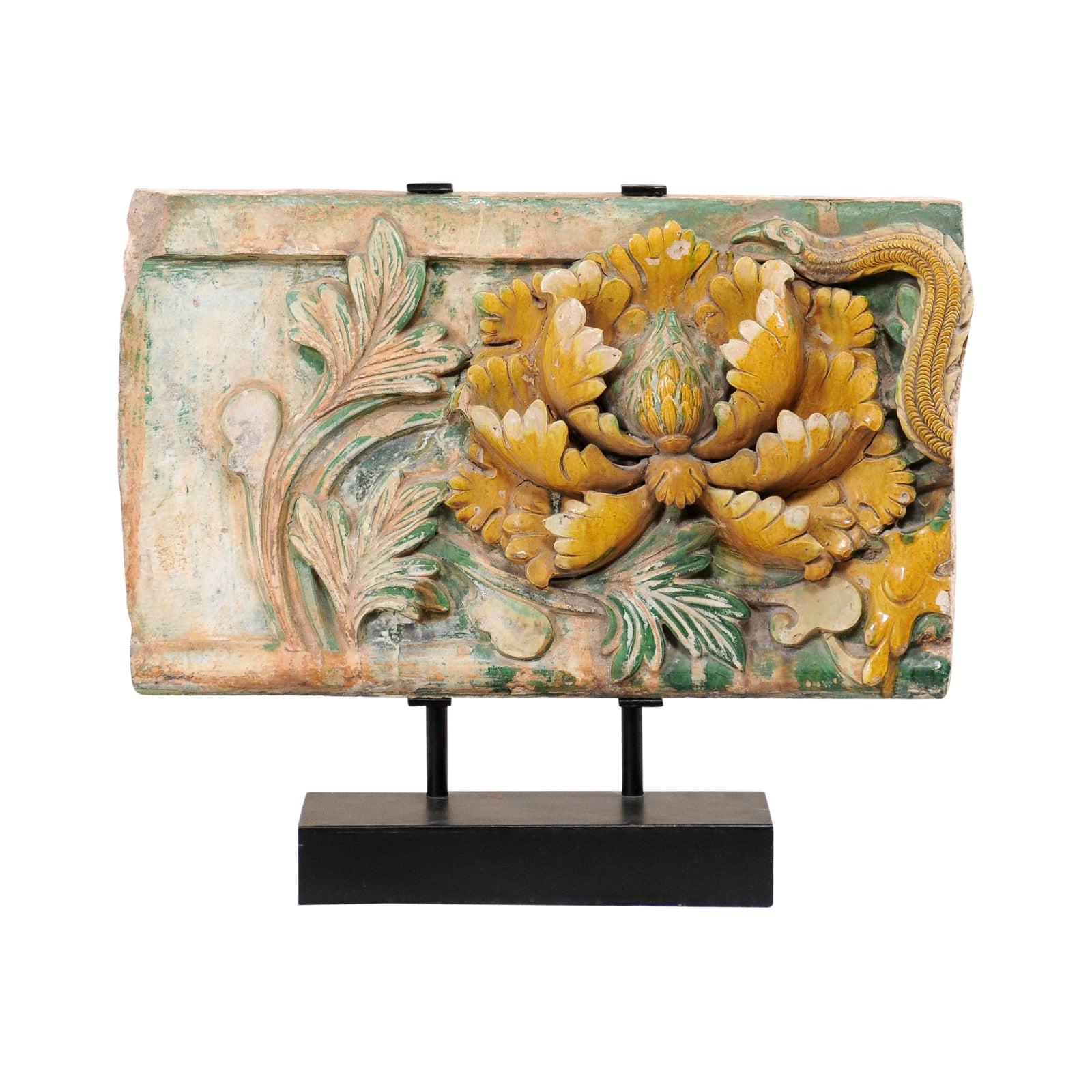 Chinese Glazed Terracotta Temple Fragment '19th C or Older' on Custom Iron Stand