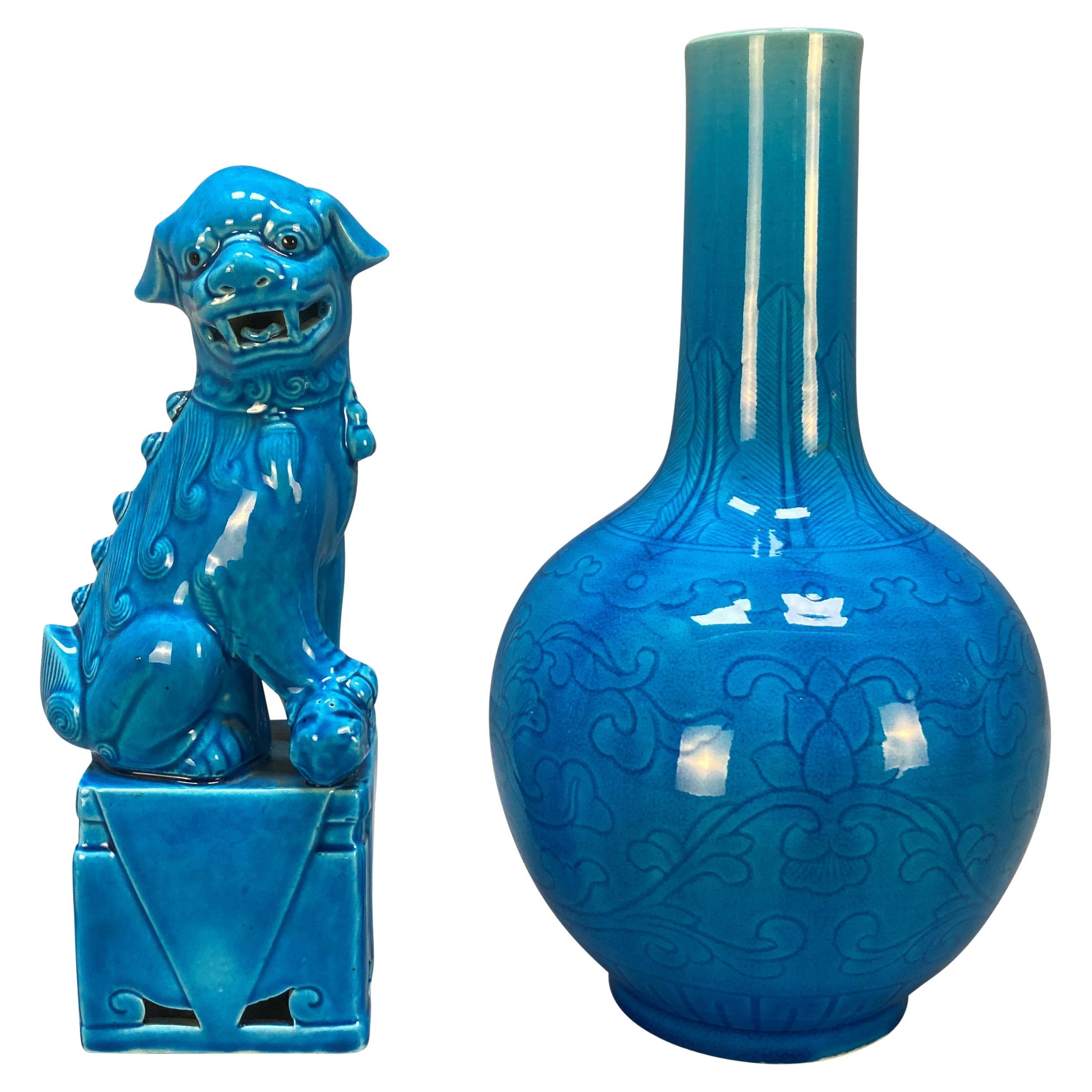 Chien de foo et vase chinois en turquoise émaillée