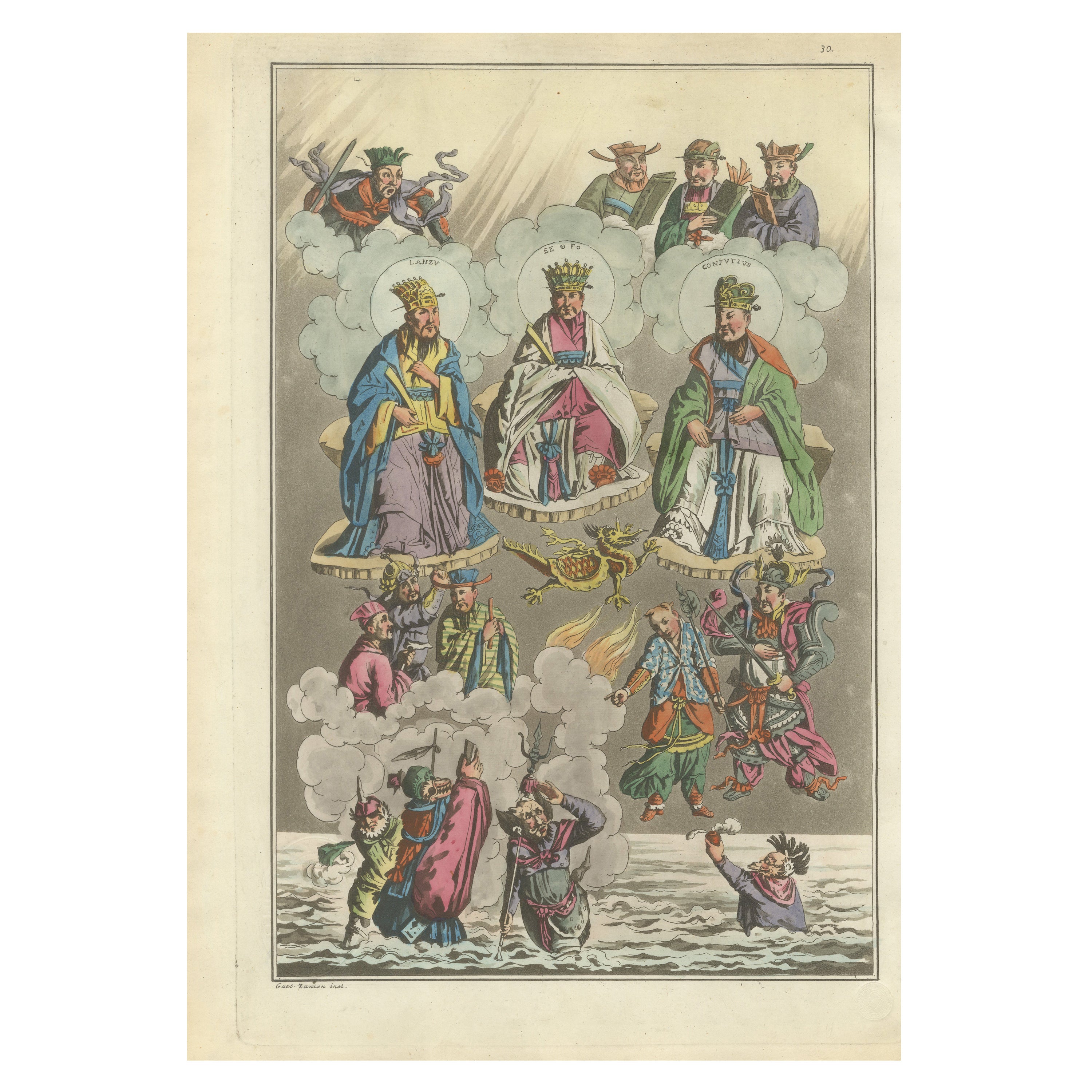 Chinese Gods Confucius, Lanzu and Fe – Ferrario Costume Series Print, 1815