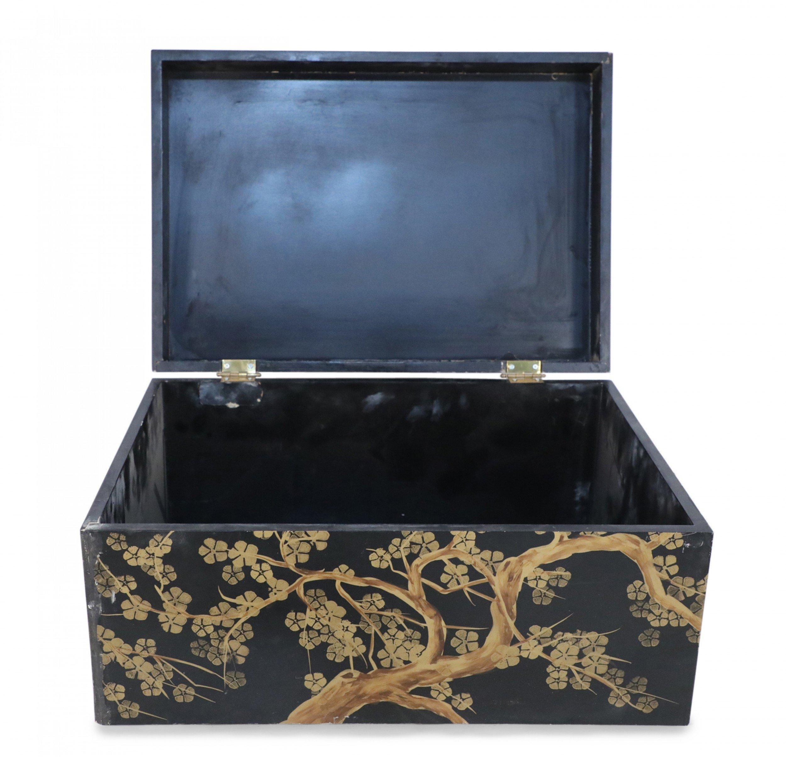 Chinese Gold and Black Painted Cherry Blossom Motif Decorative Box For Sale 1