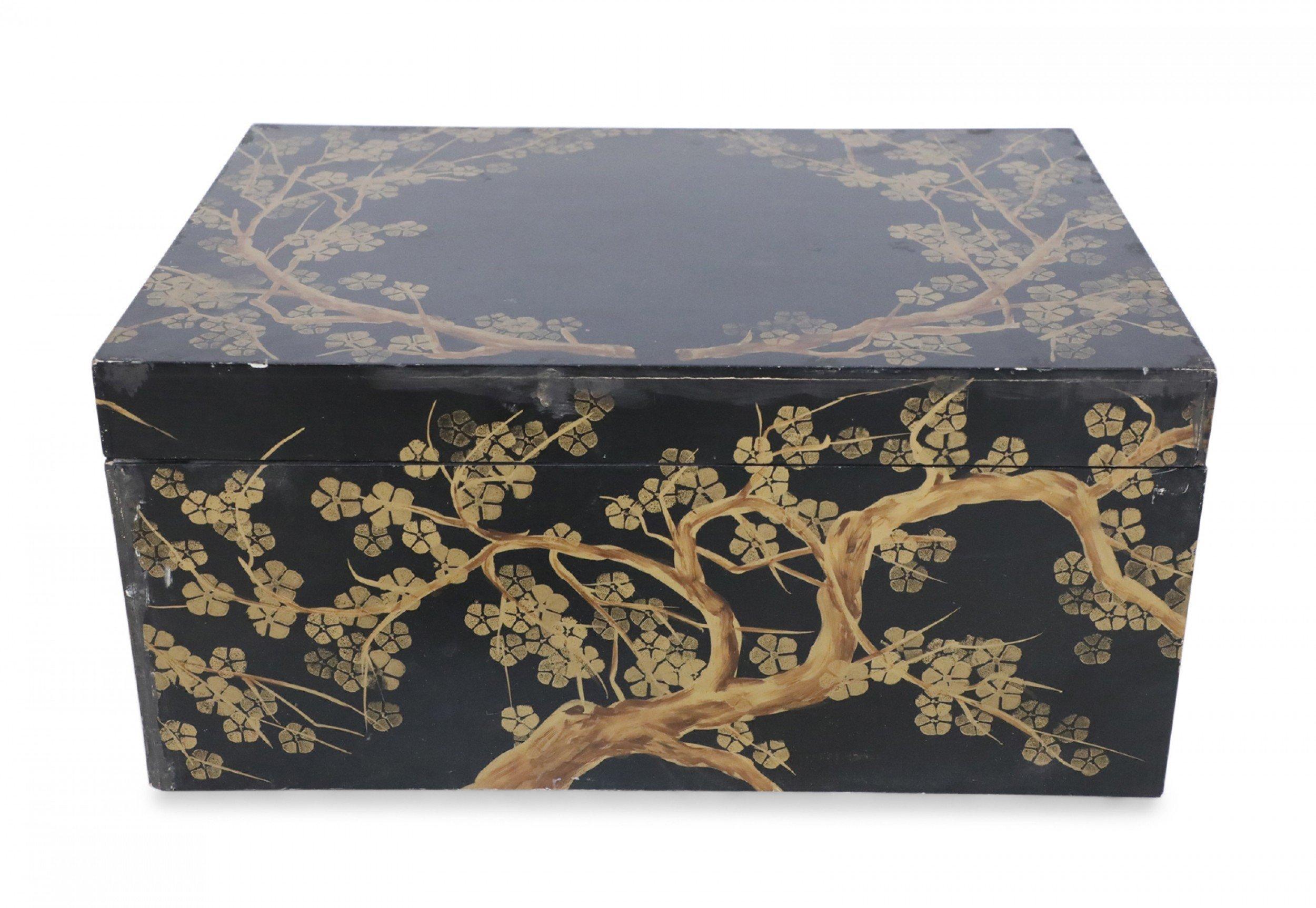 Metal Chinese Gold and Black Painted Cherry Blossom Motif Decorative Box For Sale