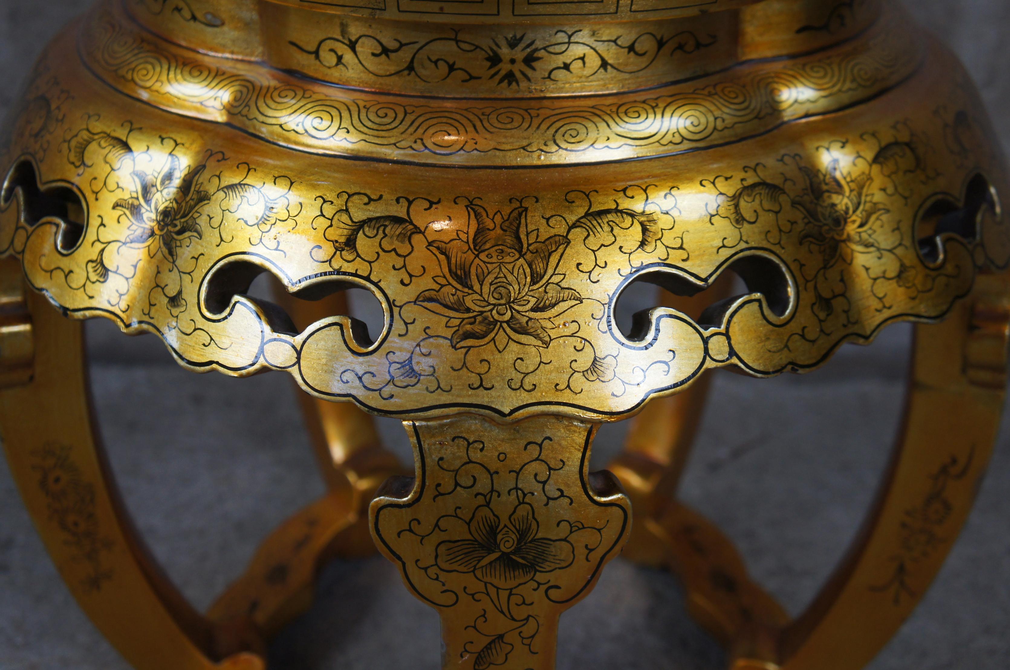 20th Century Chinese Gold & Black Lacquered Garden Stool Side Table Chinoiserie Plant Stand