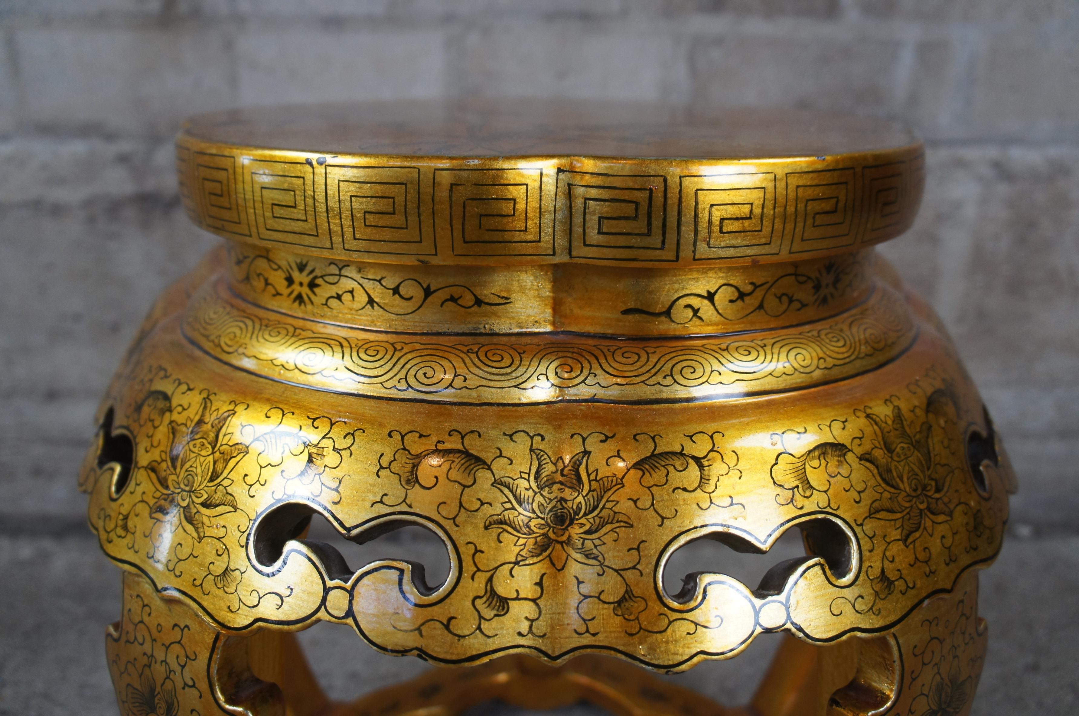 Hardwood Chinese Gold & Black Lacquered Garden Stool Side Table Chinoiserie Plant Stand