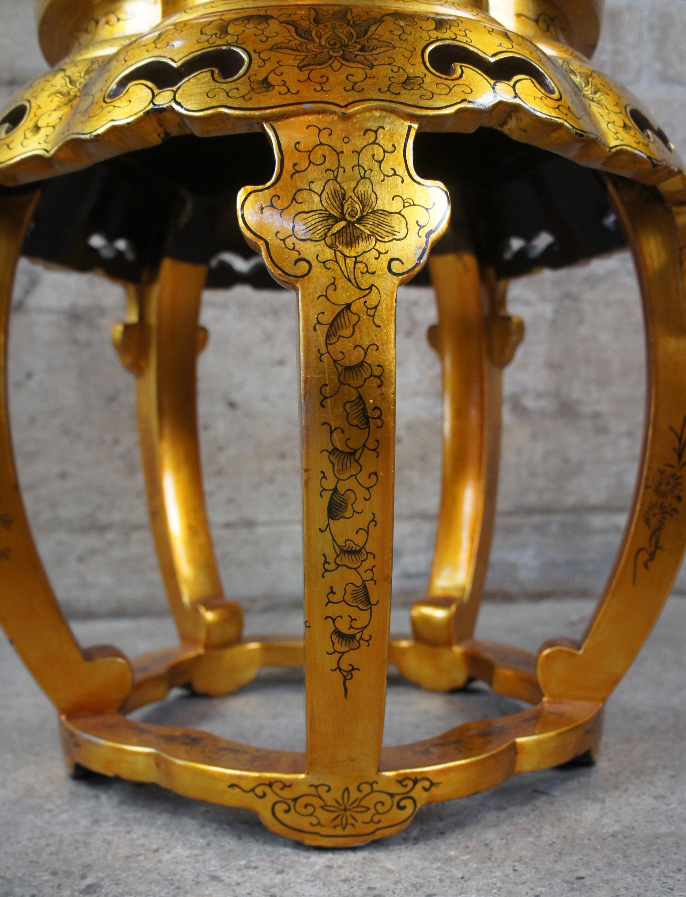 Chinese Gold & Black Lacquered Garden Stool Side Table Chinoiserie Plant Stand 1