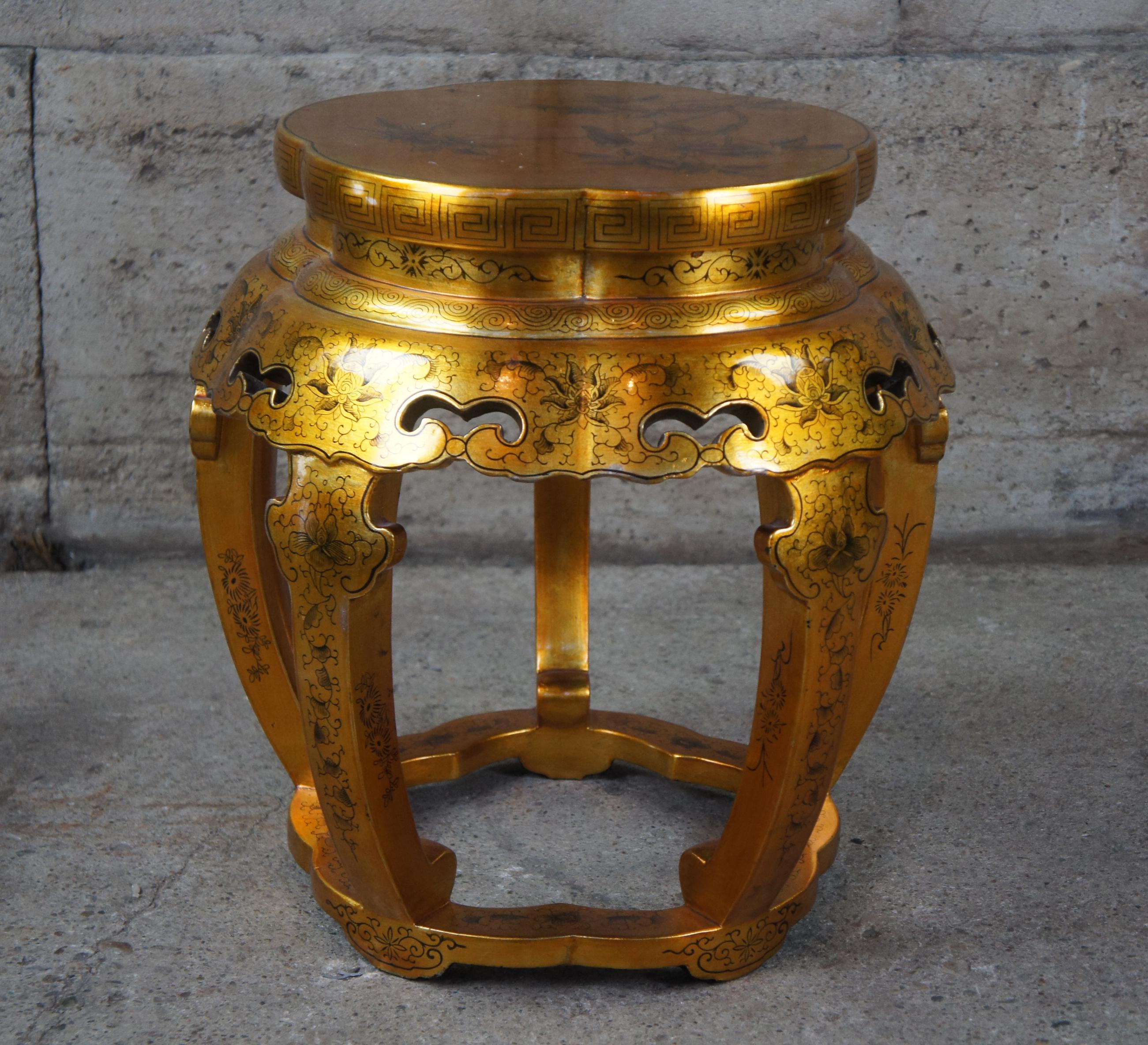 Chinese Gold & Black Lacquered Garden Stool Side Table Chinoiserie Plant Stand 4