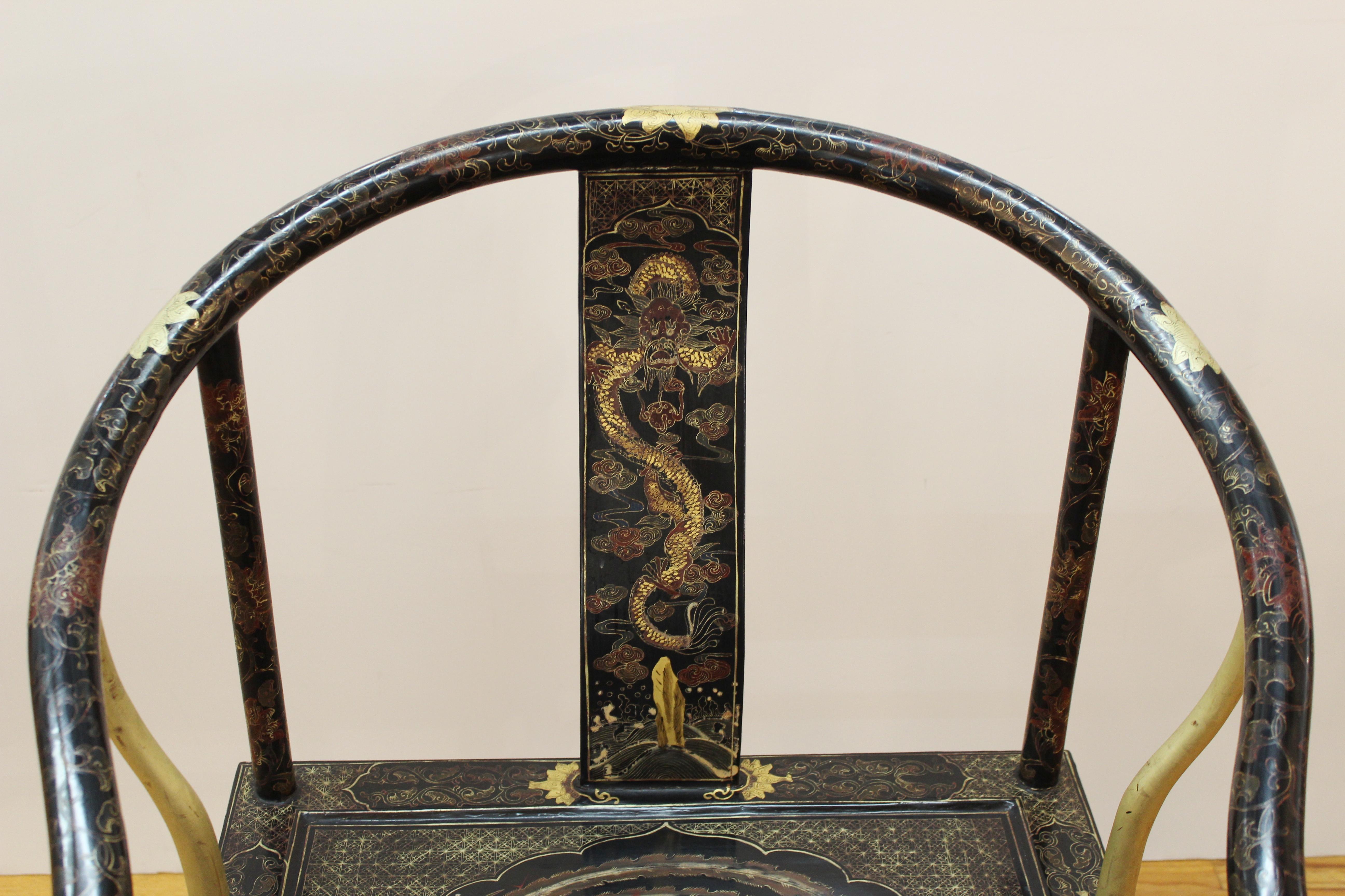20th Century Chinese Gold Decorated Horseshoe Back Armchairs