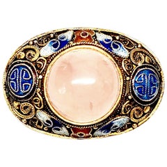 Chinese Gold Gilt over Silver Enamel and Rose Quartz Cannetille Pin