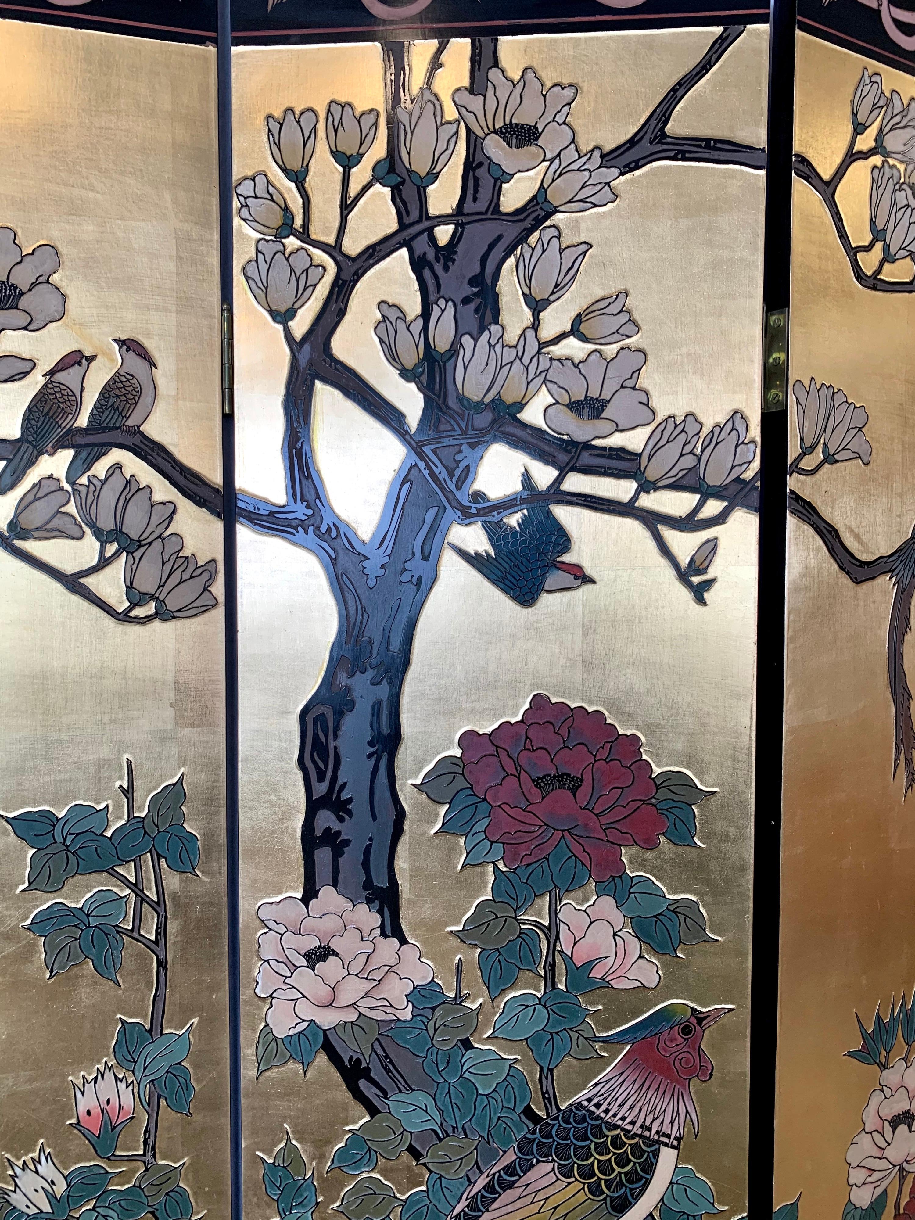Chinoiserie Chinese Gold Leaf Four Panel Room Divider Screen