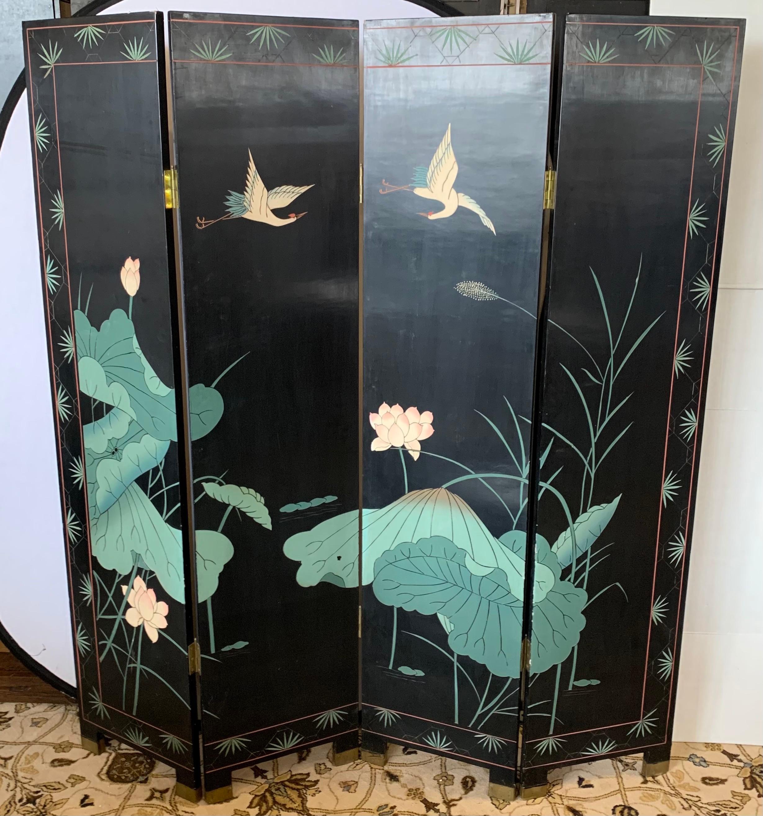 Chinese Gold Leaf Four Panel Room Divider Screen 1