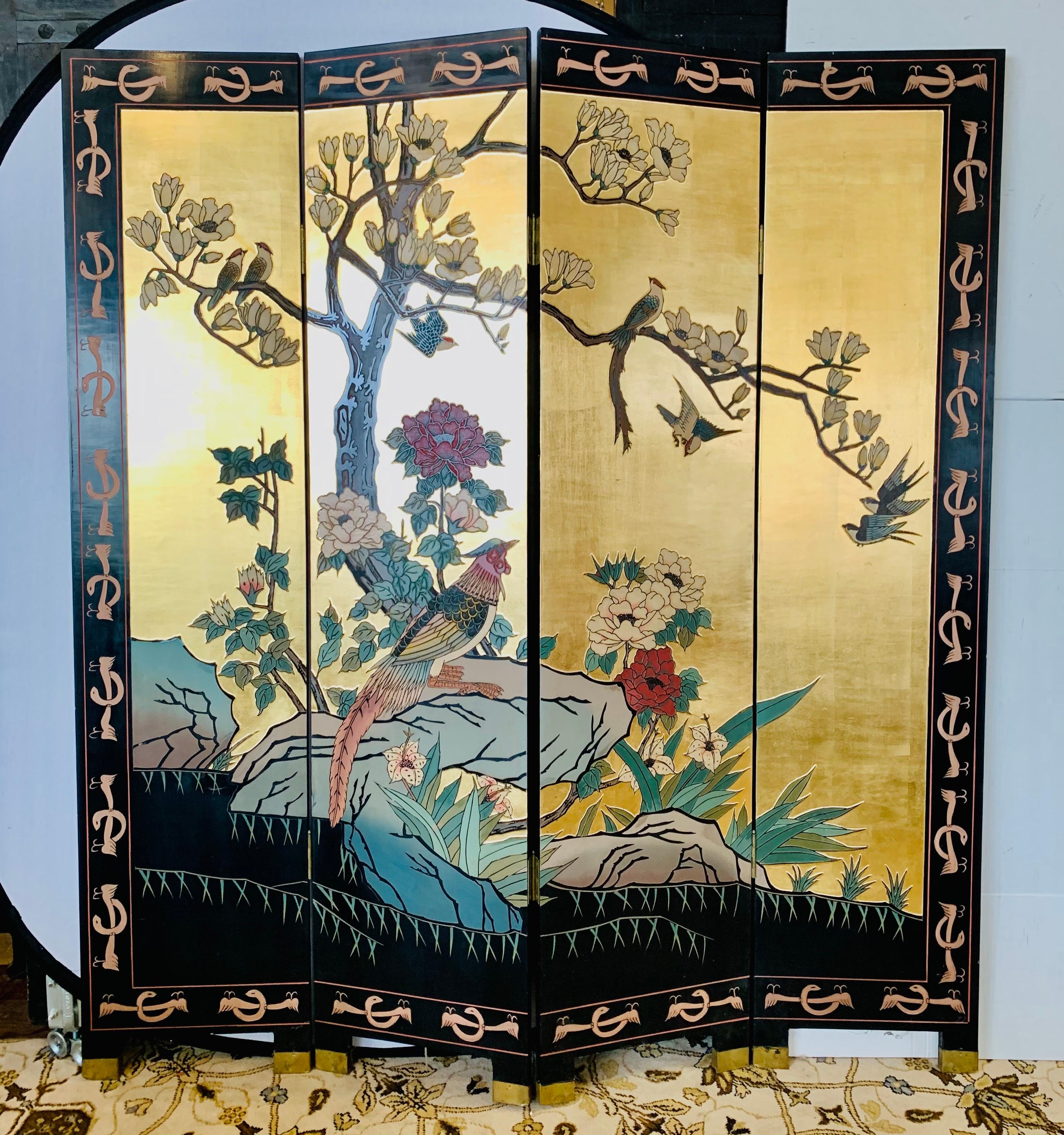Chinese Gold Leaf Four Panel Room Divider Screen 2