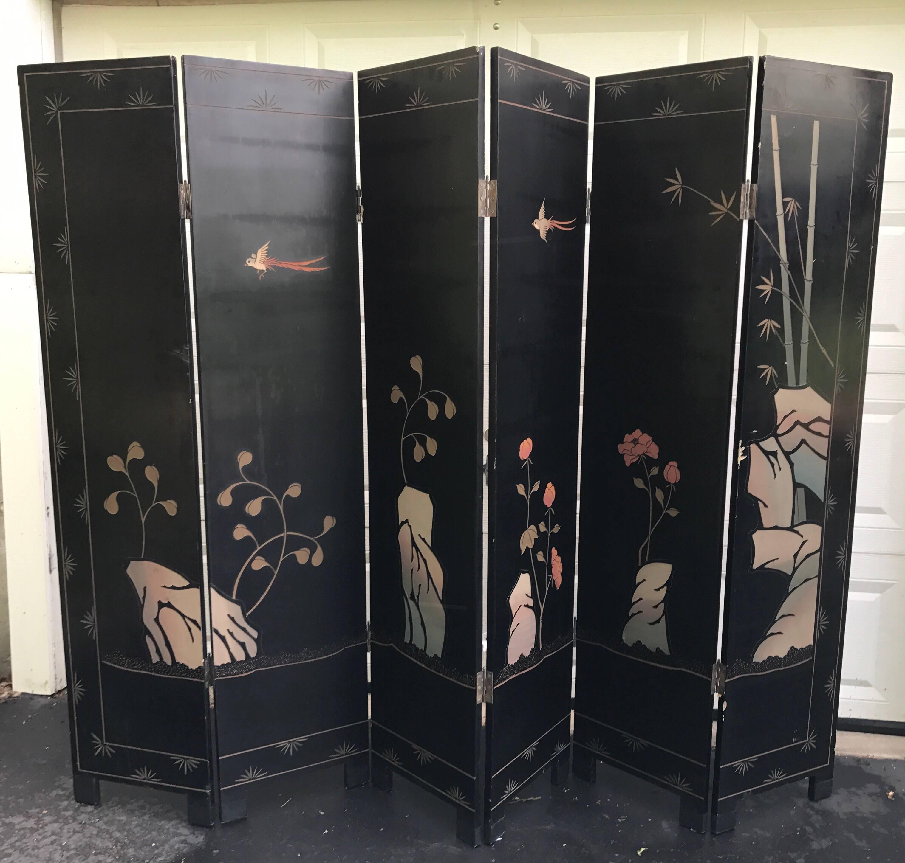 Chinese Gold Leaf Six Panel Coromandel Screen Room Divider In Good Condition In West Hartford, CT