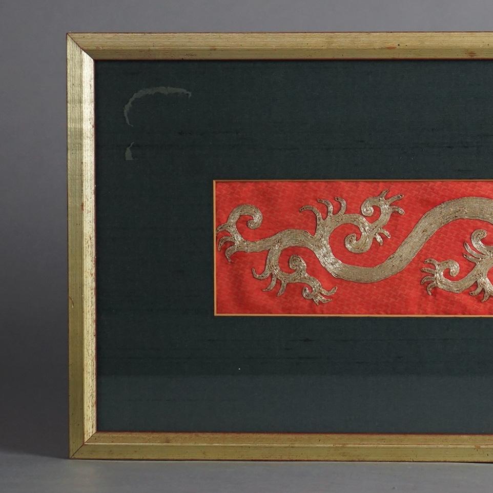 Asian Chinese Gold Thread Embroidered Dragon Artwork, Framed, 20thC For Sale
