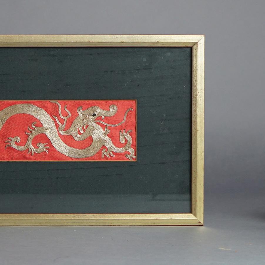 Chinese Gold Thread Embroidered Dragon Artwork, Framed, 20thC In Good Condition In Big Flats, NY