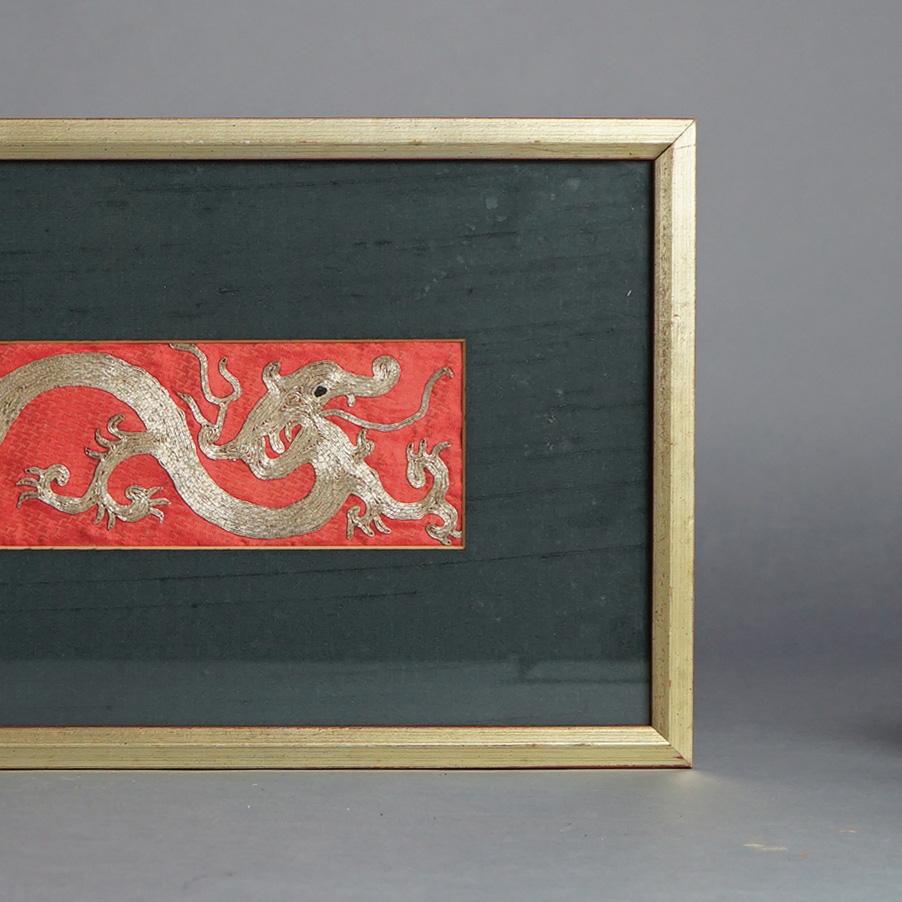 Chinese Gold Thread Embroidered Dragon Artwork, Framed, 20thC In Good Condition For Sale In Big Flats, NY