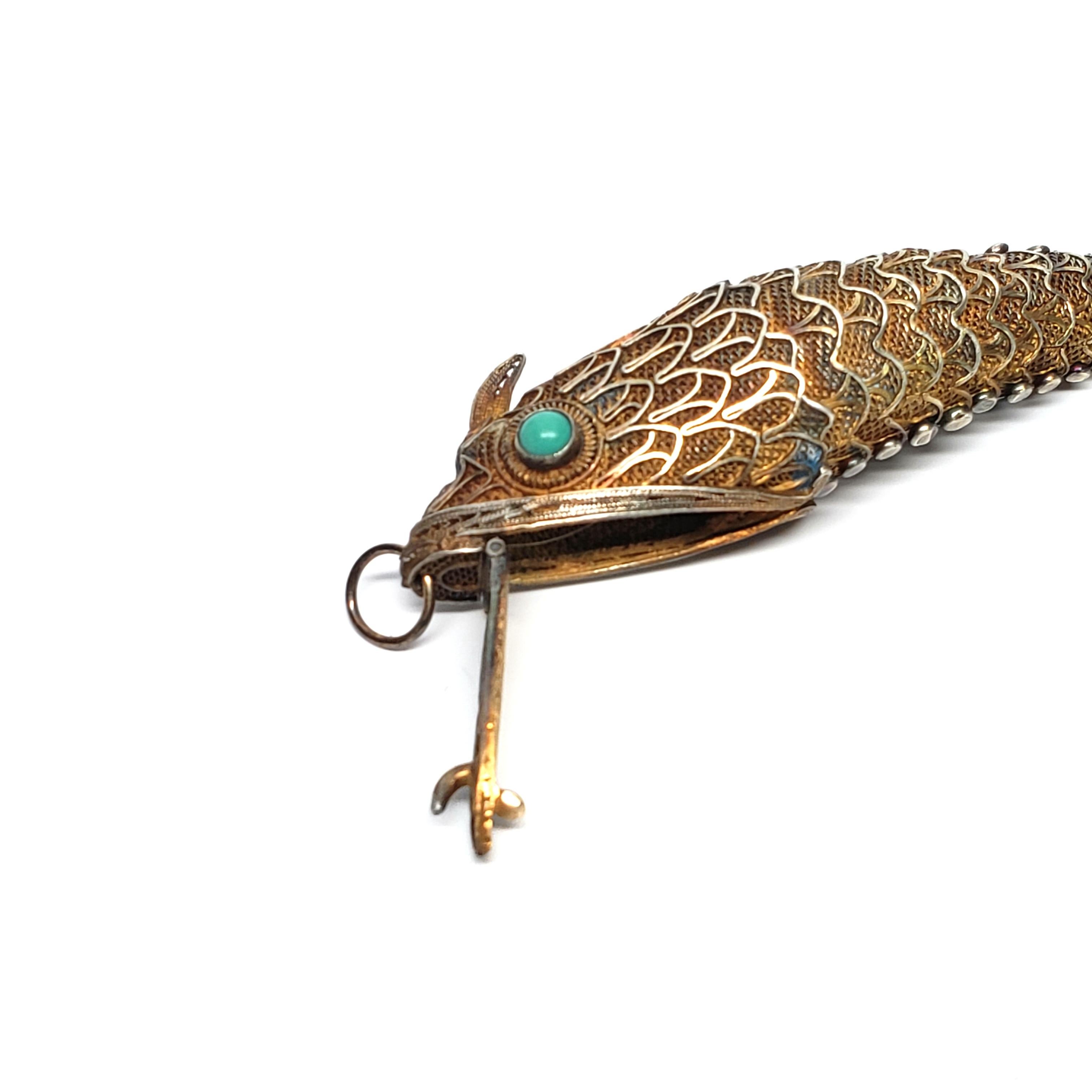 Chinese Gold Vermeil over Silver Articulating Fish Pendant Turquoise Eyes 2