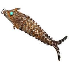 Vintage Chinese Gold Vermeil over Silver Articulating Fish Pendant Turquoise Eyes