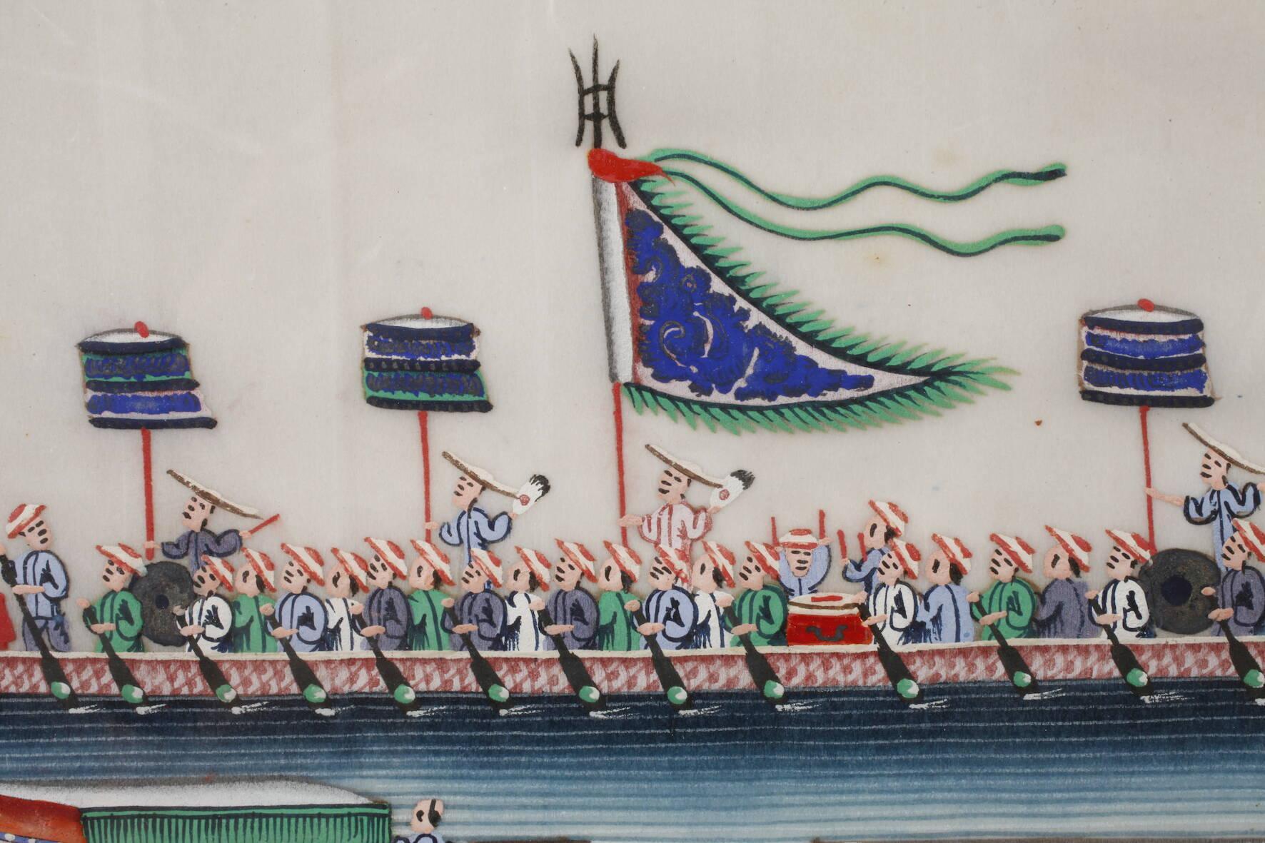 Chinesische Gouache auf Reispapier mit einem kaiserlichen Drachenboot, 19. Jahrhundert (gerahmt) (Glas) im Angebot